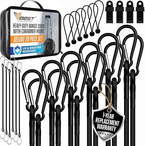 Miniatura 18 de Cordones elásticos con ganchos – Paquete de 28 unidades resistentes para exteriores, incluye 4 clips de lona, lazos para toldo, bola de conejitos