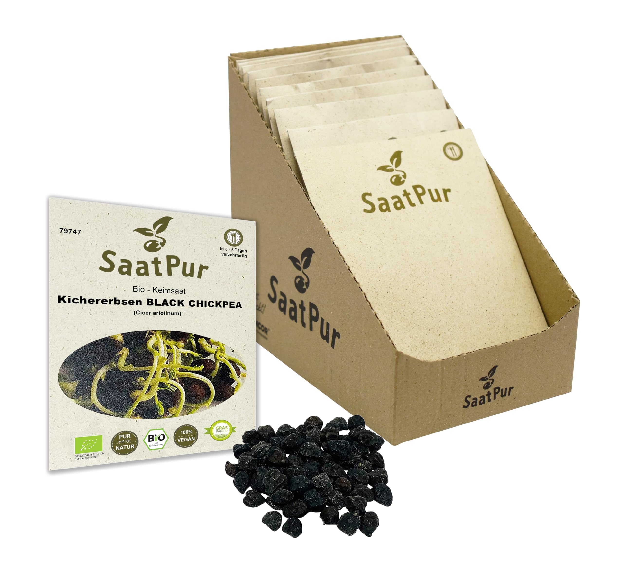SaatPur Bio Keimsprossen - Kichererbsen Black Chickpea Sprossen, Microgreens - Kleines Tray mit 10 Portionstüten je 50g