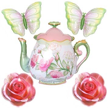 5Pcs Teapot Balloon 31Inch/Pink Green Teapot Mylar Balloon for Lets Par-Tea Girls Birthday/Alice Wonderland Tea Party Decor/Tea Party Decorations for Bridal Wedding