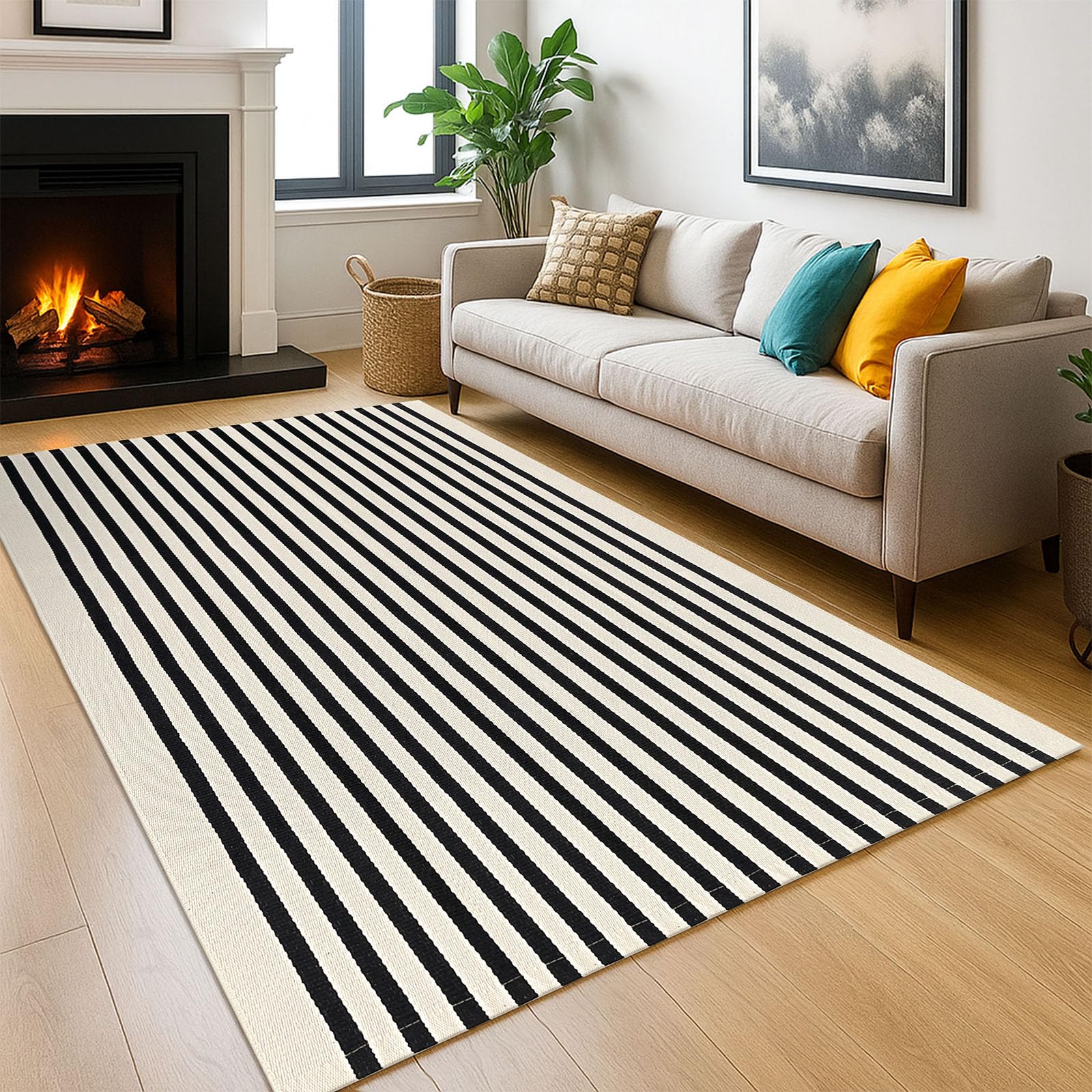 KOZYFLY Black and Beige Striped Rug 5x8 Ft Area Rug Washable Indoor Outdoor Rug Cotton Outdoor Patio Rugs Farmhouse Rugs Living Room Carpet for Patio