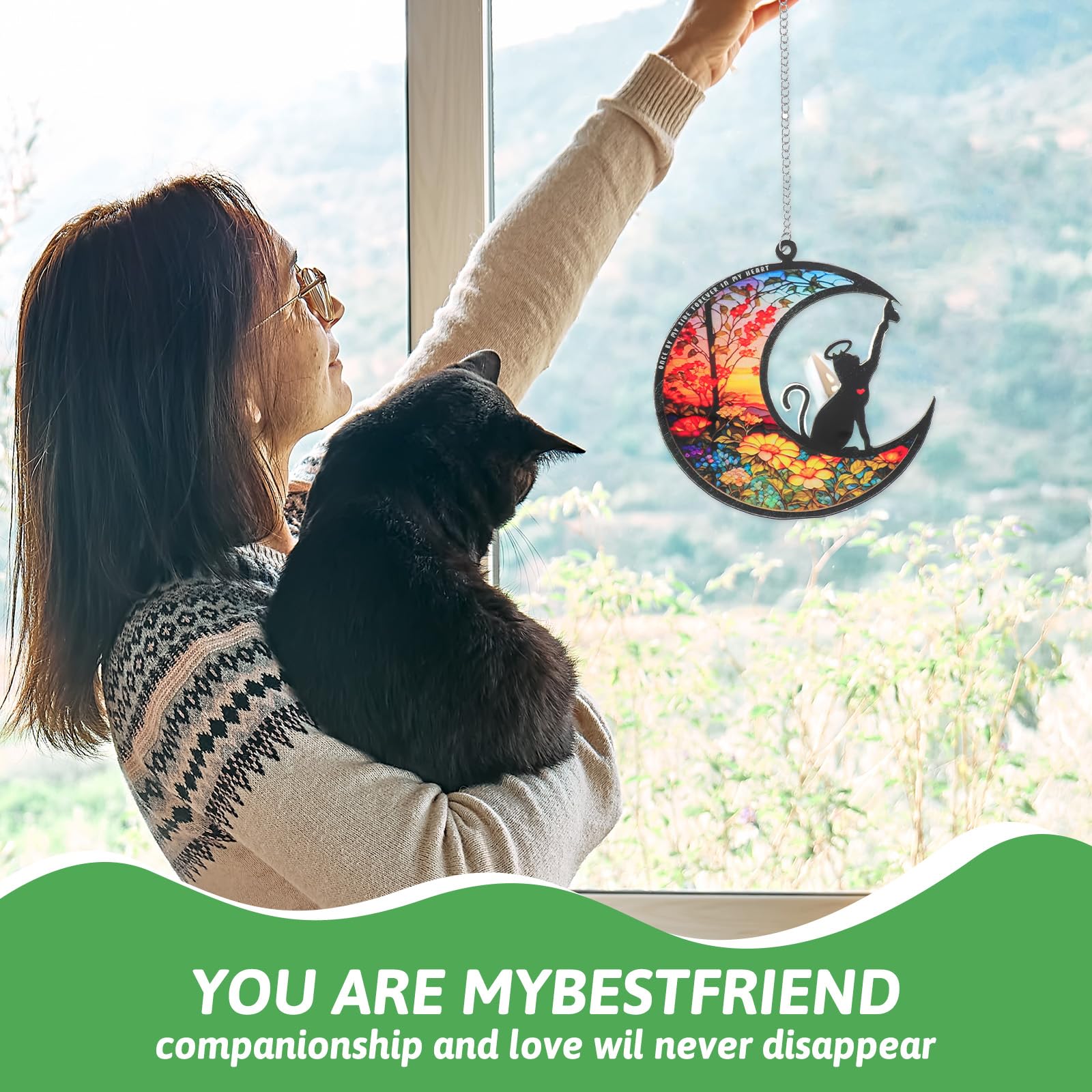 YUXIANLB Personalized Cat Memorial Gifts for Loss of Cats Custom Sympathy Suncatcher with Name Date Pet Remembrance Gift for Cat Lovers Moon Hanging Ornament for Window Christmas Decor Pet Keepsake - Image 3