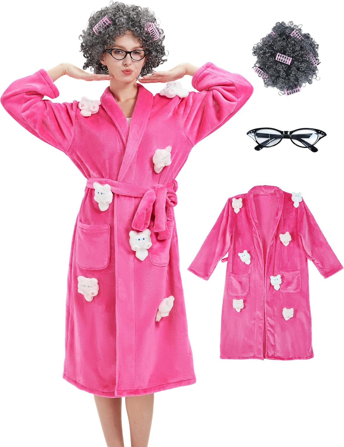 Halloween Cat Lady Costume for Adults 3Pcs Funny Outfit with Rose Red robe Wig & Glasses for Women Lovers Cosplay