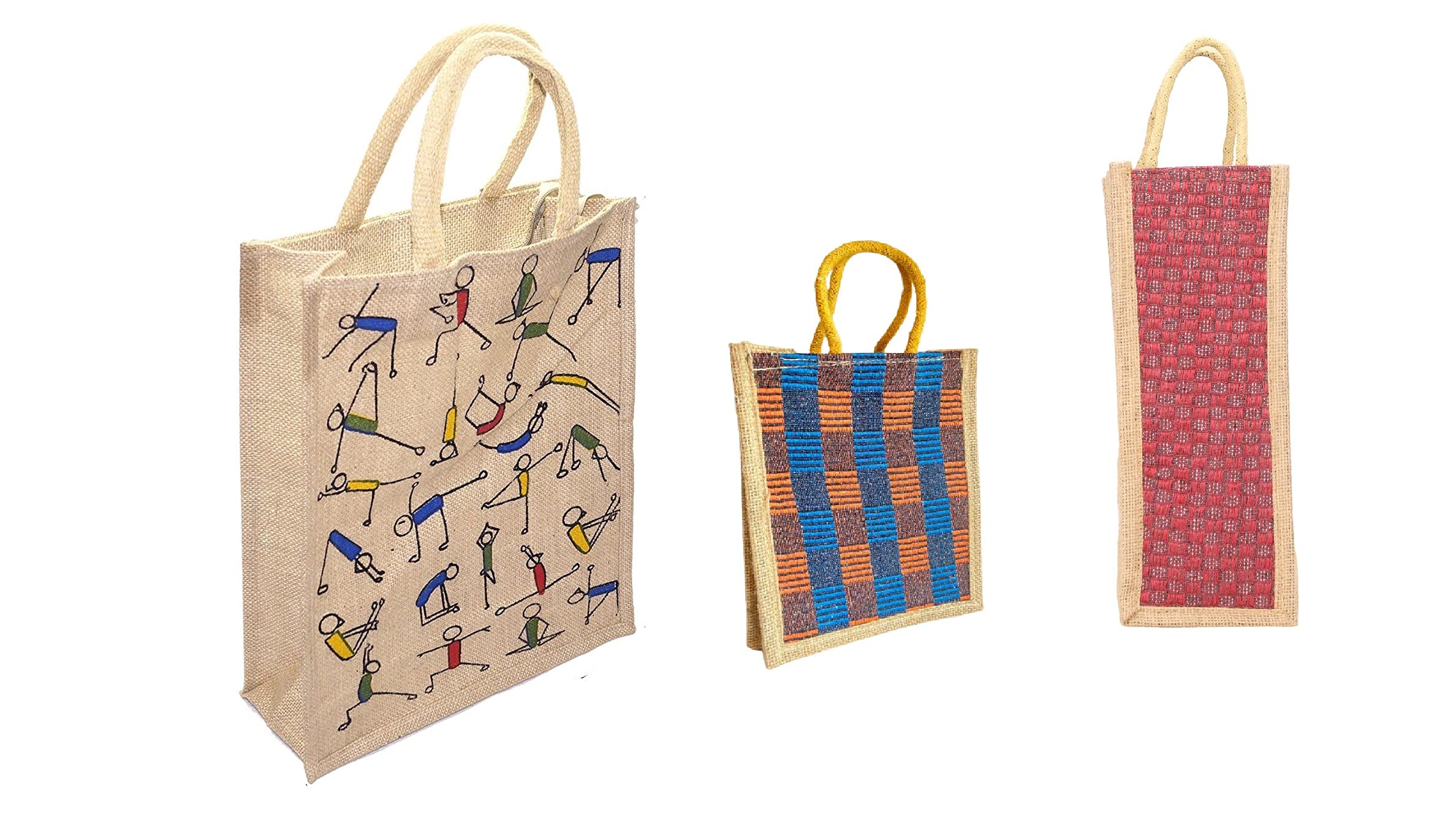 XODI Classic Printed Beautiful Jute Bag for Lunch Box, Jute Bag for Bottle with Jute Bag for Shopping Bag, Combo Pack of 3
