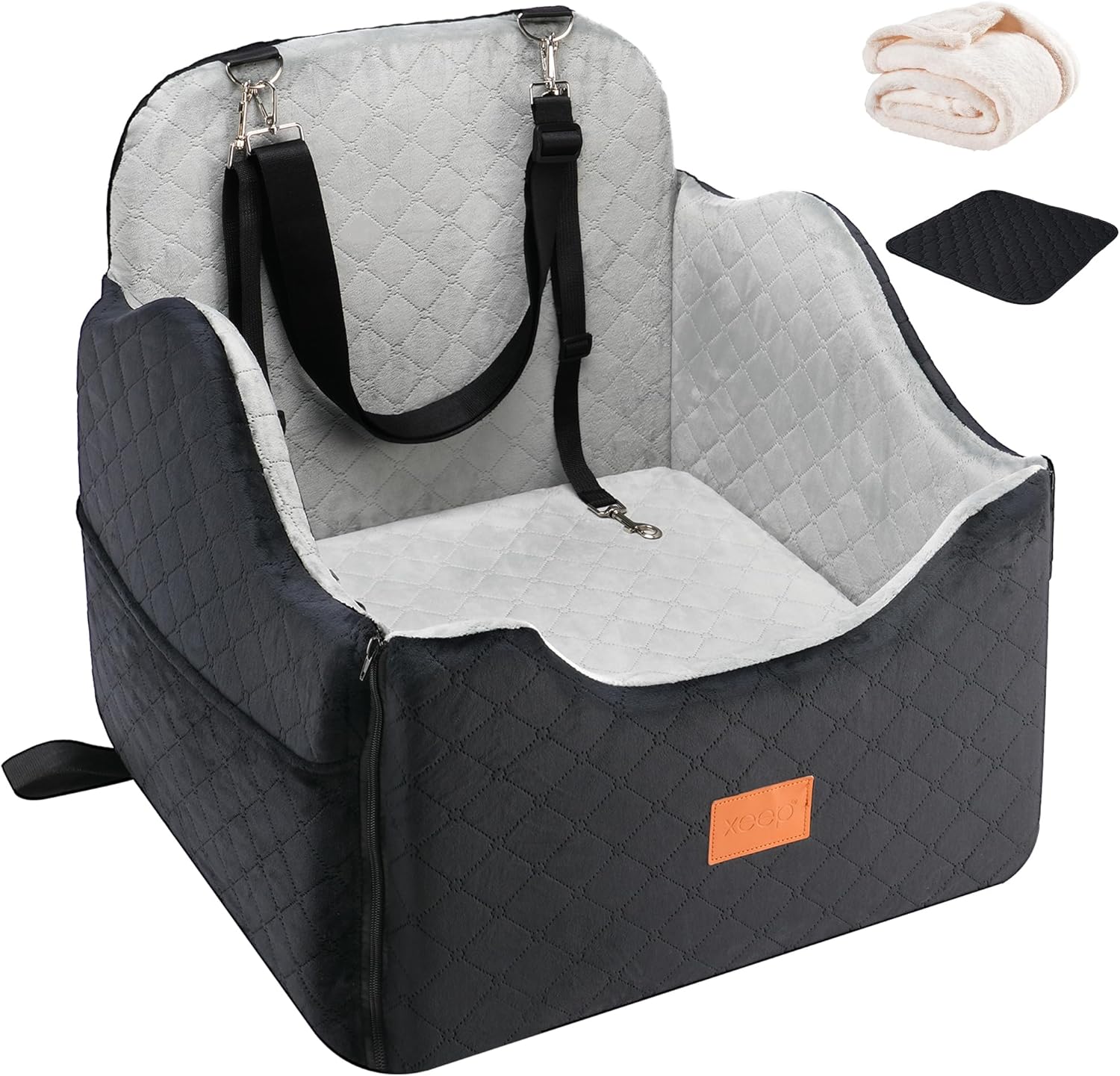 XEEP Dog Car Seat Bed for Small/Medium Dogs – Dog Booster Car Seat Up to 35 lbs -Use Travel Booster Seat with Memory Foam, Safety Belt, Bonus Urine Pad & Blanket, Removable Washable (Black/Grey)