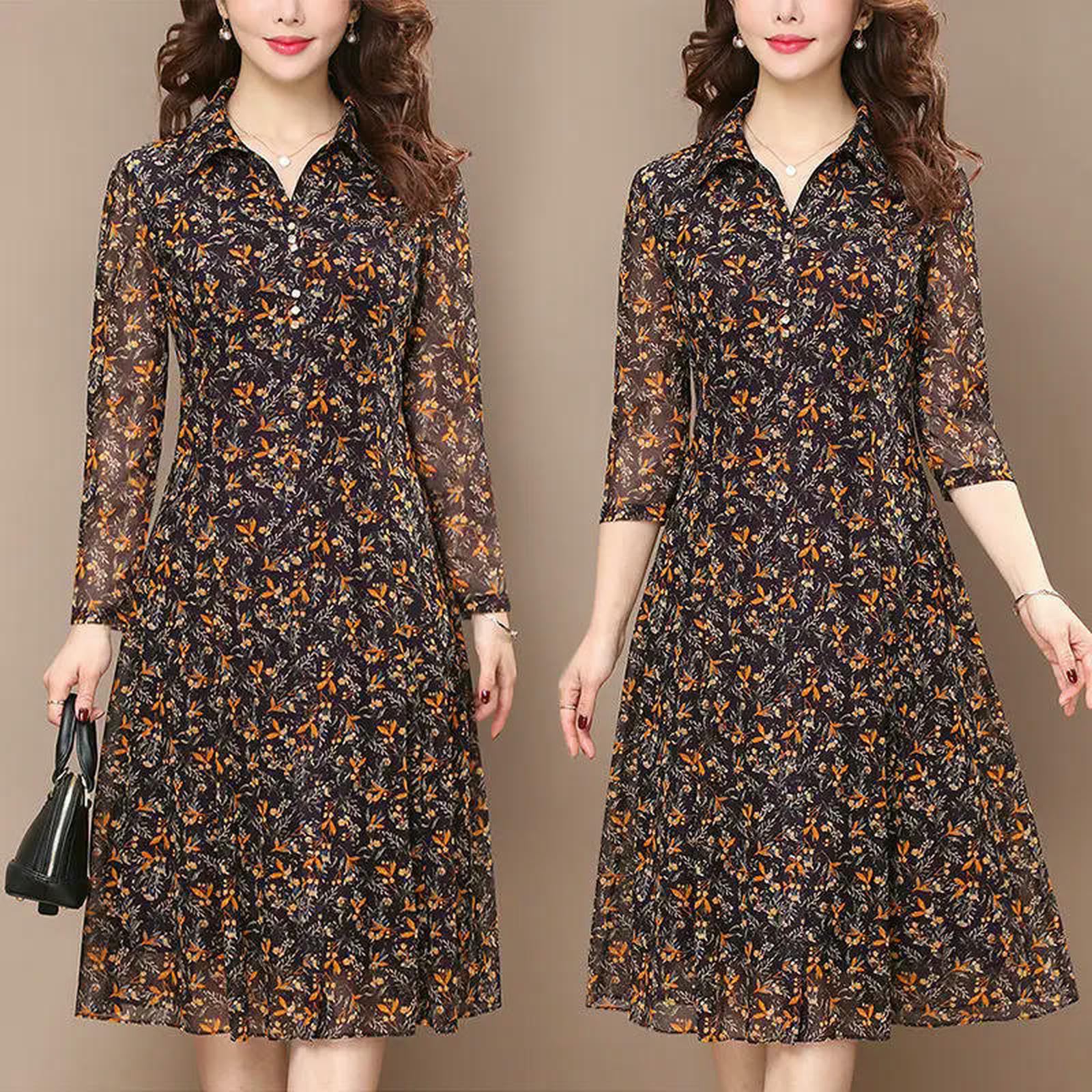 Vestiti a Maniche Lunghe Abito Floreale da Donna, Elegante Midi Collare Chiusura, Abbottonato Slim Casual Estivo, Abita di Tutti I Giorni, Moda Femminile-Manica Corta-l