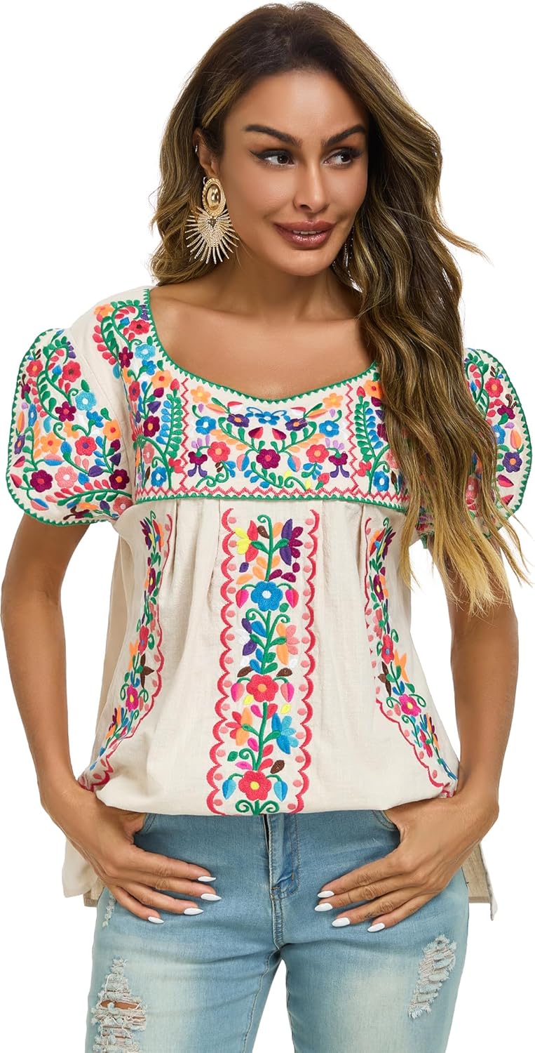 Mexican Shirts for Women Embroidered Tops Traditional Peasant Summer Tunic Blouse