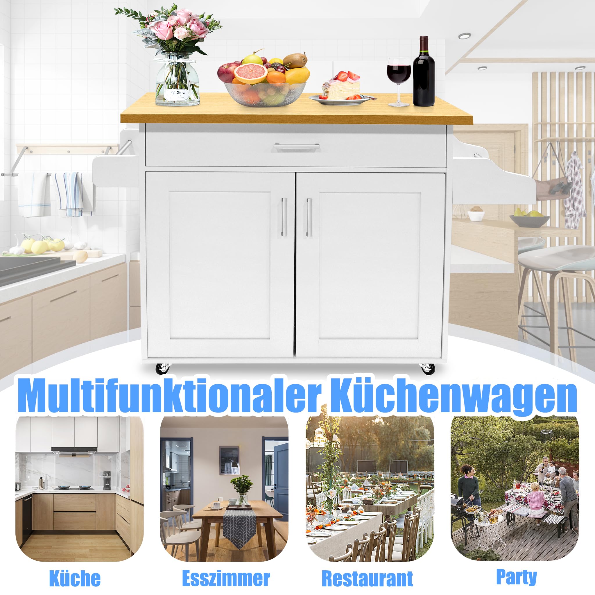 Carrello Cucina Komfotteu Con Piano Allungabile - Legno Naturale, Cassetto E Ruote - Foto 4