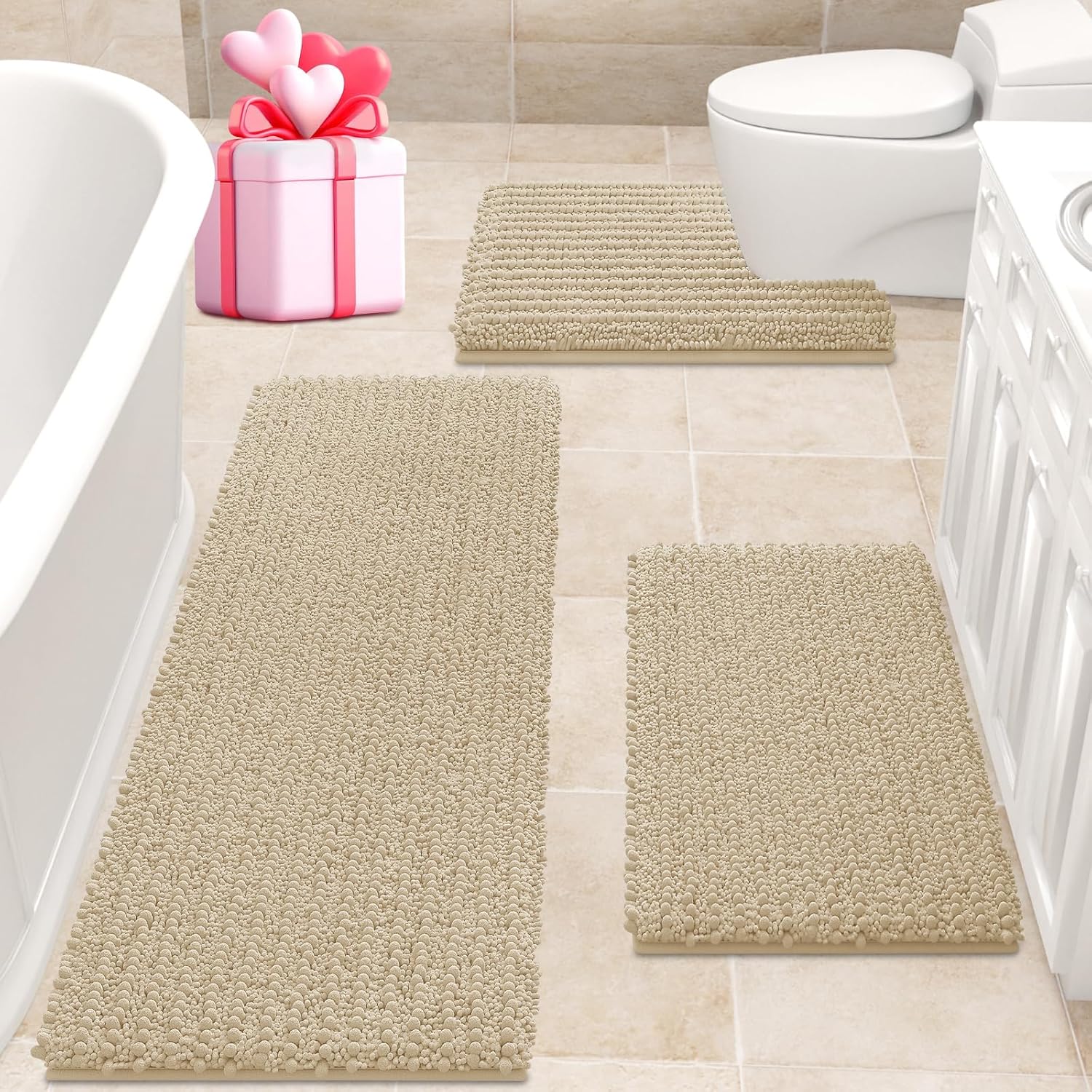 ACCUMTEK Upgrade Extra Large Beige Bathroom Rug Set 3 Pieces Ultra Soft, Thick Absorbent Bath Mats, Non Slip Chenille Toilet Mat for Bathroom, Bedroom, Kitchen 48"x20"+ 24"x17"+ U Shape 20"x24" Beige