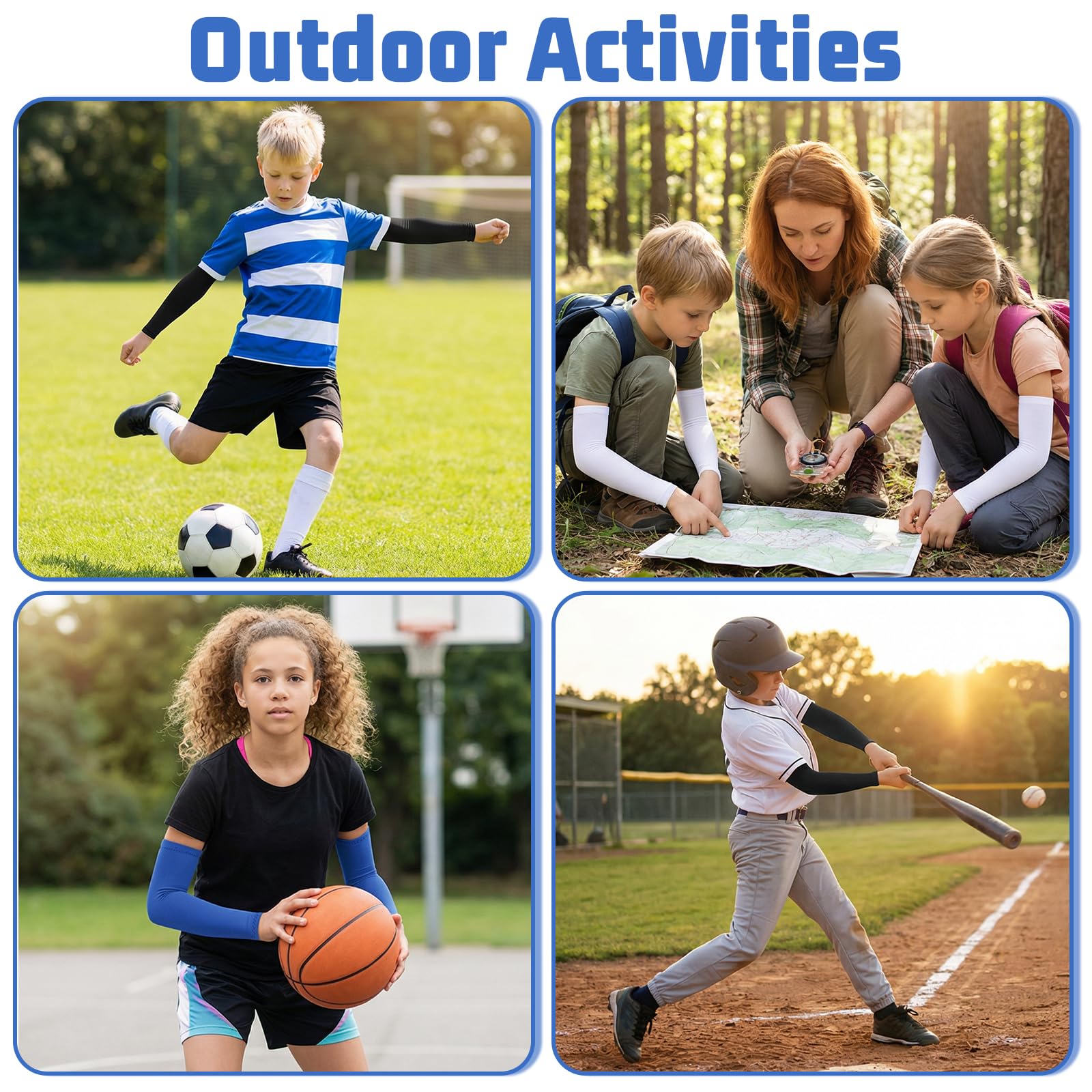 Mangas de brazo para niños, 3 pares de mangas de protección solar UV para niños y niñas, manga elástica transpirable para exteriores, para baloncesto, voleibol, béisbol, deportes (negro, blanco, azul)