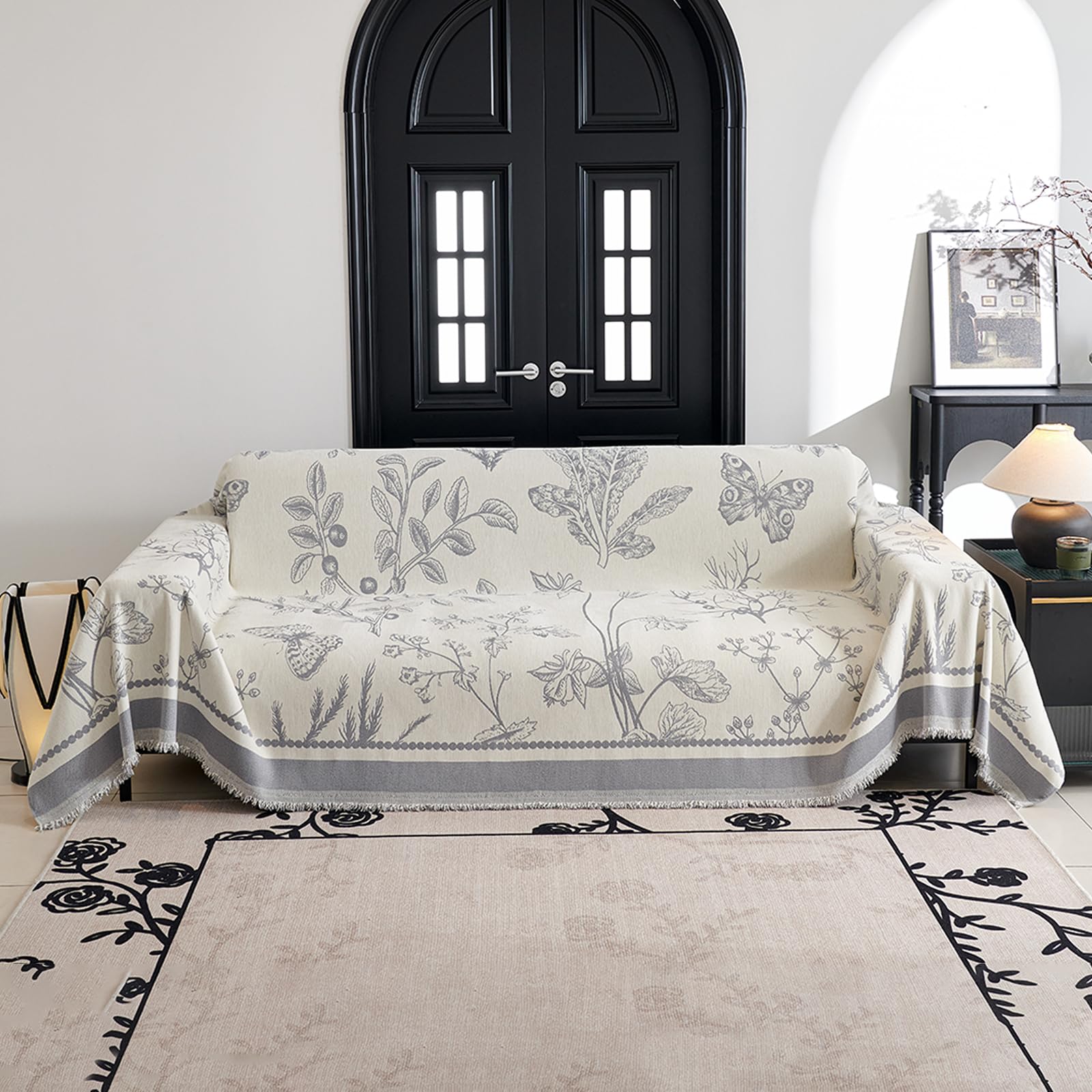 Vanderhome Grey Soft Throws, Chenille Sofa Throw Blanket With Tassels, Multi-Purpose Blanket, Jacquard Patterned Settees Throw For Sofa, Armchair Beds 180 * 340Cm