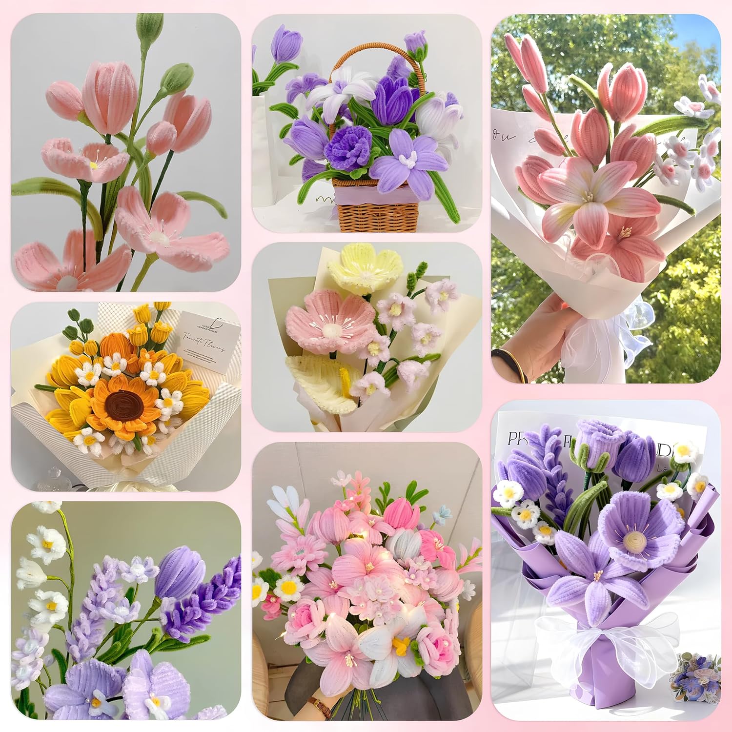 Yiheini 800 PCS Pipe Cleaners Craft with Handle, Pipe Cleaner Flower Kit, 8 Colors Flowers Making Kit with Chenille Stems, Floral Wires, Gardening Tape, Stamen, Ruler, Floral Wrapping Paper & Ribbon