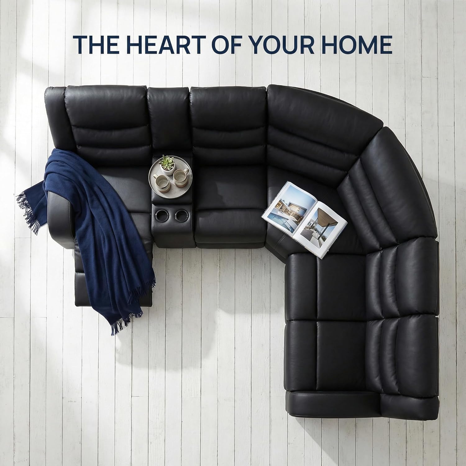 Manual Recliner Sectional Sofa,Living Room Furniture Set, 5-Seater Black Manual Sectional Sofa, Breathing Leather Recliner Couch Sets with Cupholders, Cup Holders, Storage for Office/Home