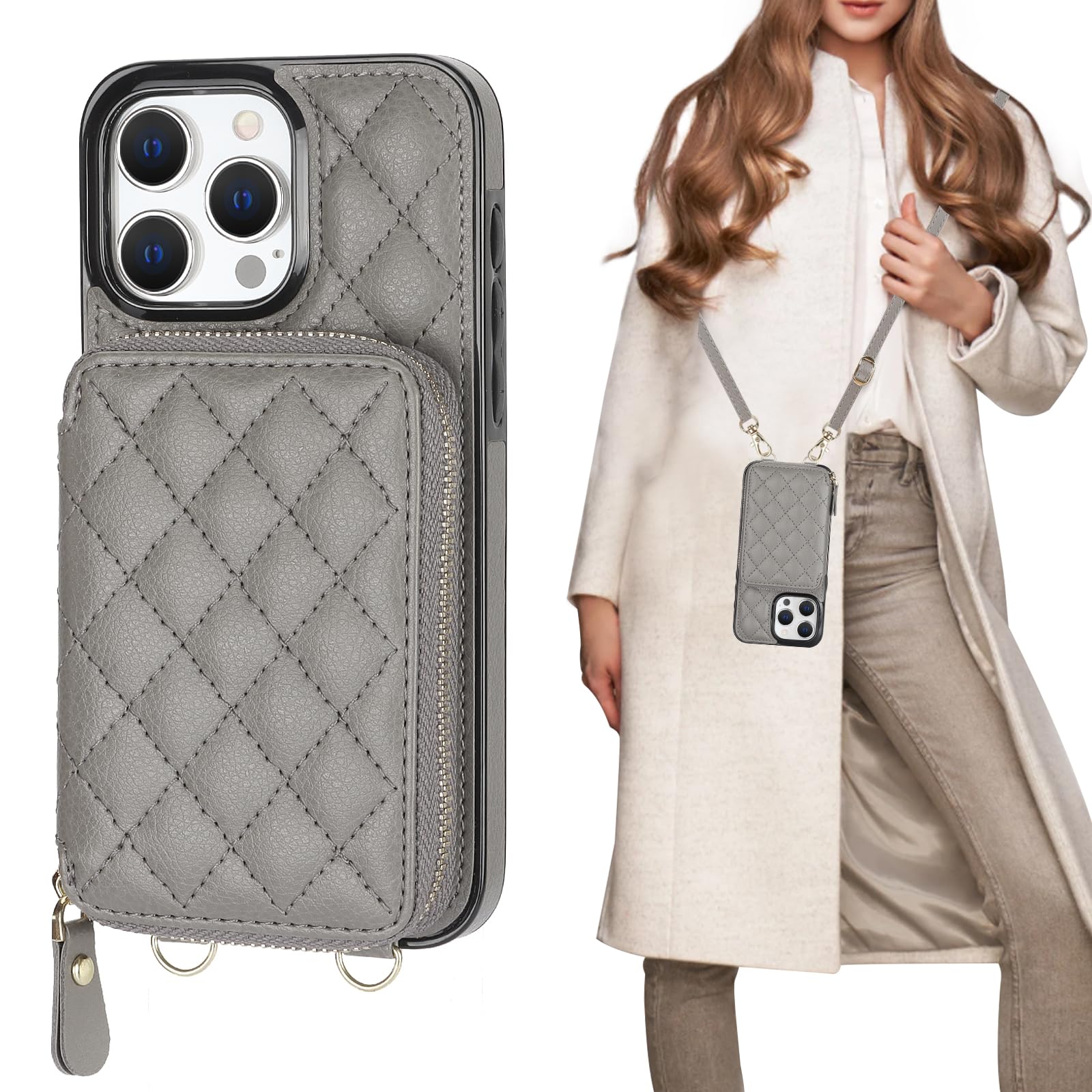 Bocasal Crossbody Wallet Case for iPhone 15 Pro Max, RFID Blocking PU Leather Zipper Handbag Purse Flip Cover, Kickstand Folio Case with Card Slots Holder Wrist Strap Lanyard 5G 6.7 Inch (Grey)