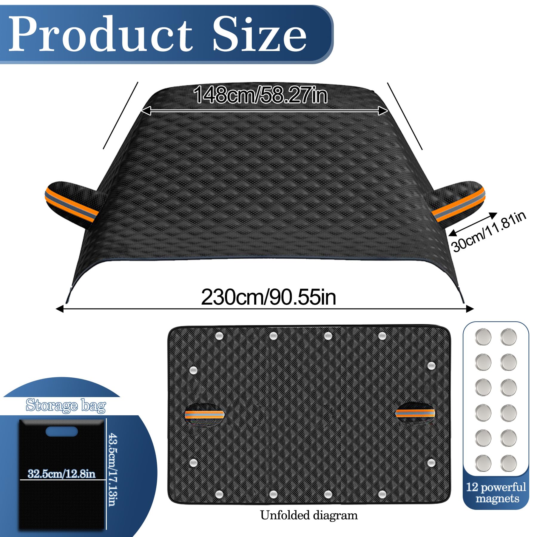 TZEKING Couverture Pare-Brise Avant Voiture,6 Aimants,Protecteur de Pare-Brise de Voiture,Pare-Soleil Anti Givre Neige Protection Repliable,Universelle pour Plupart des Véhicules,230 * 148CM