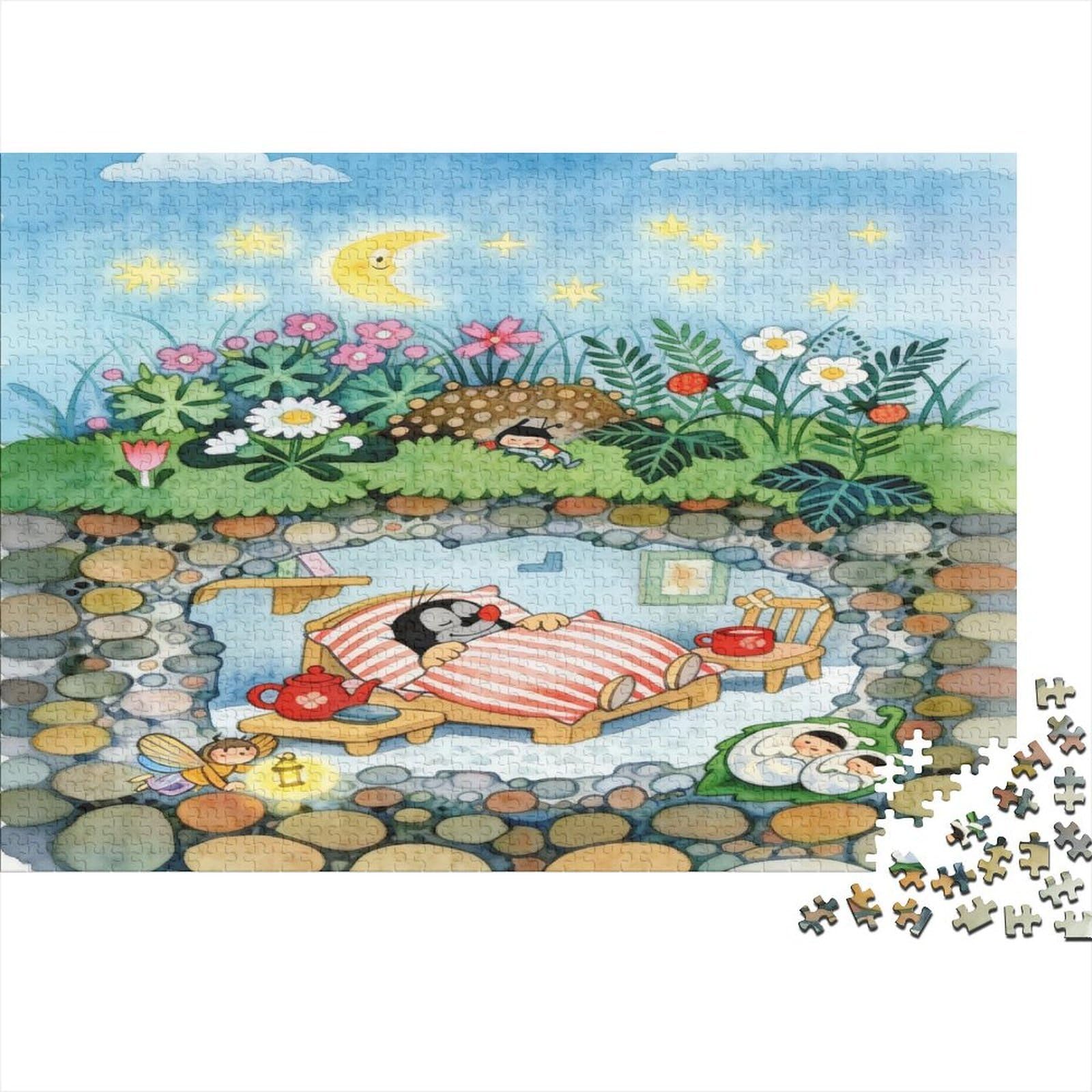 Y Mole Cartoon Art 1000pc Jigsaw Puzzle Cardboard for Family Whimsical Night Garden Decor Mindfulness Glare-Free Precision Cut 38x26cm/1000pcs