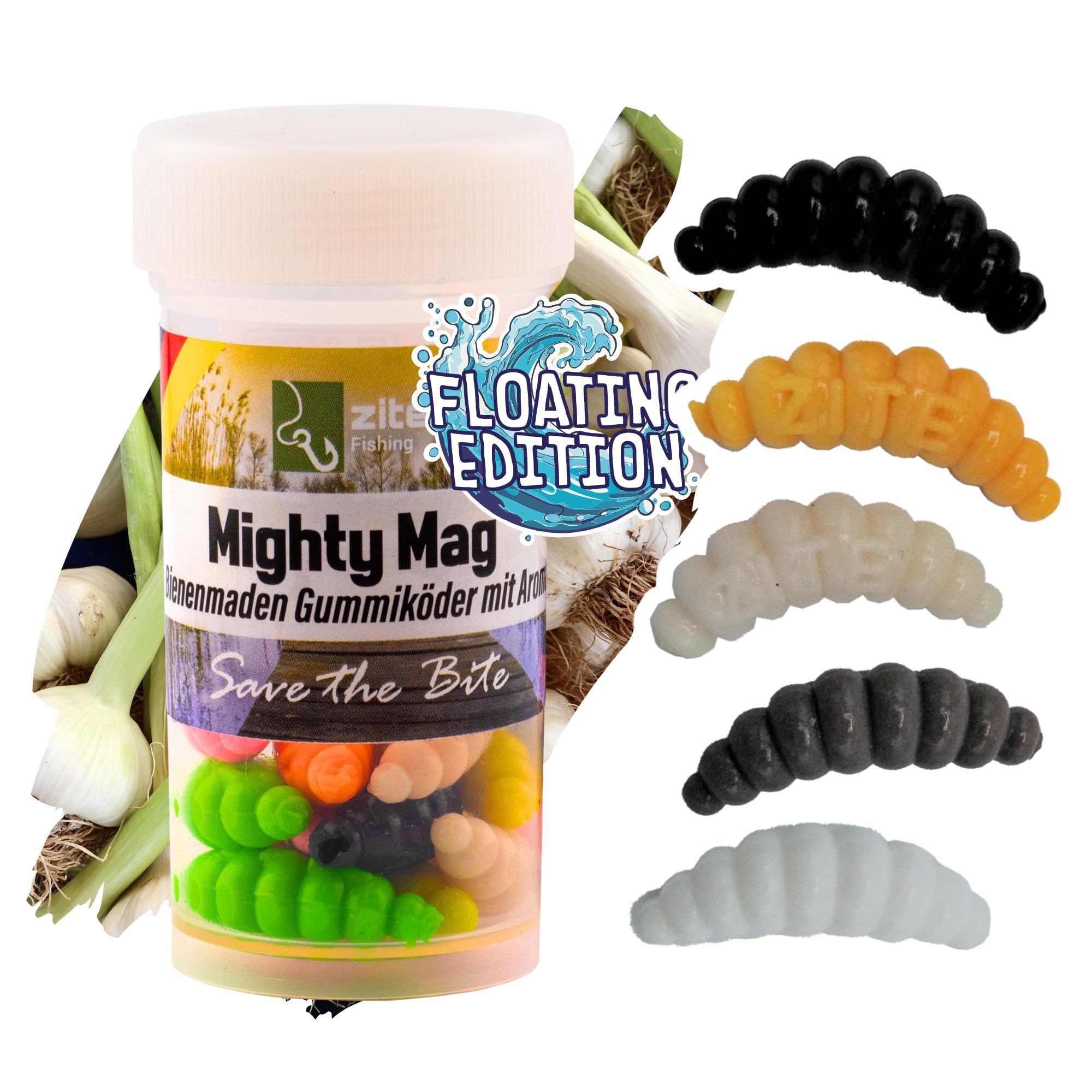 Zite Fishing Mighty Mag Floating Edition - Auftreibende Gummiköder Forellen-Angeln - Künstliche Bienenmade - UV-Aktiv - fängige Farbauswahl - Knoblauch- & Käsearoma (Natur Mix Knoblauch)