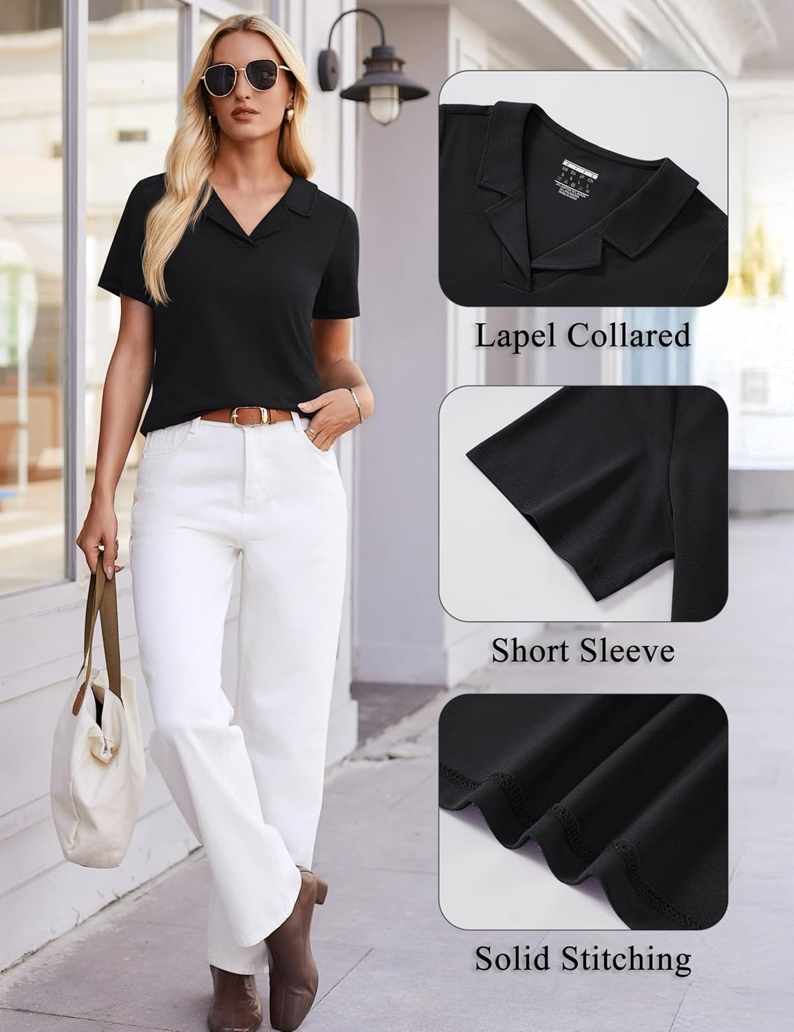 YUCOLEN Polo Shirts for Women Short Sleeve V Neck Cuban Collared Work Tops