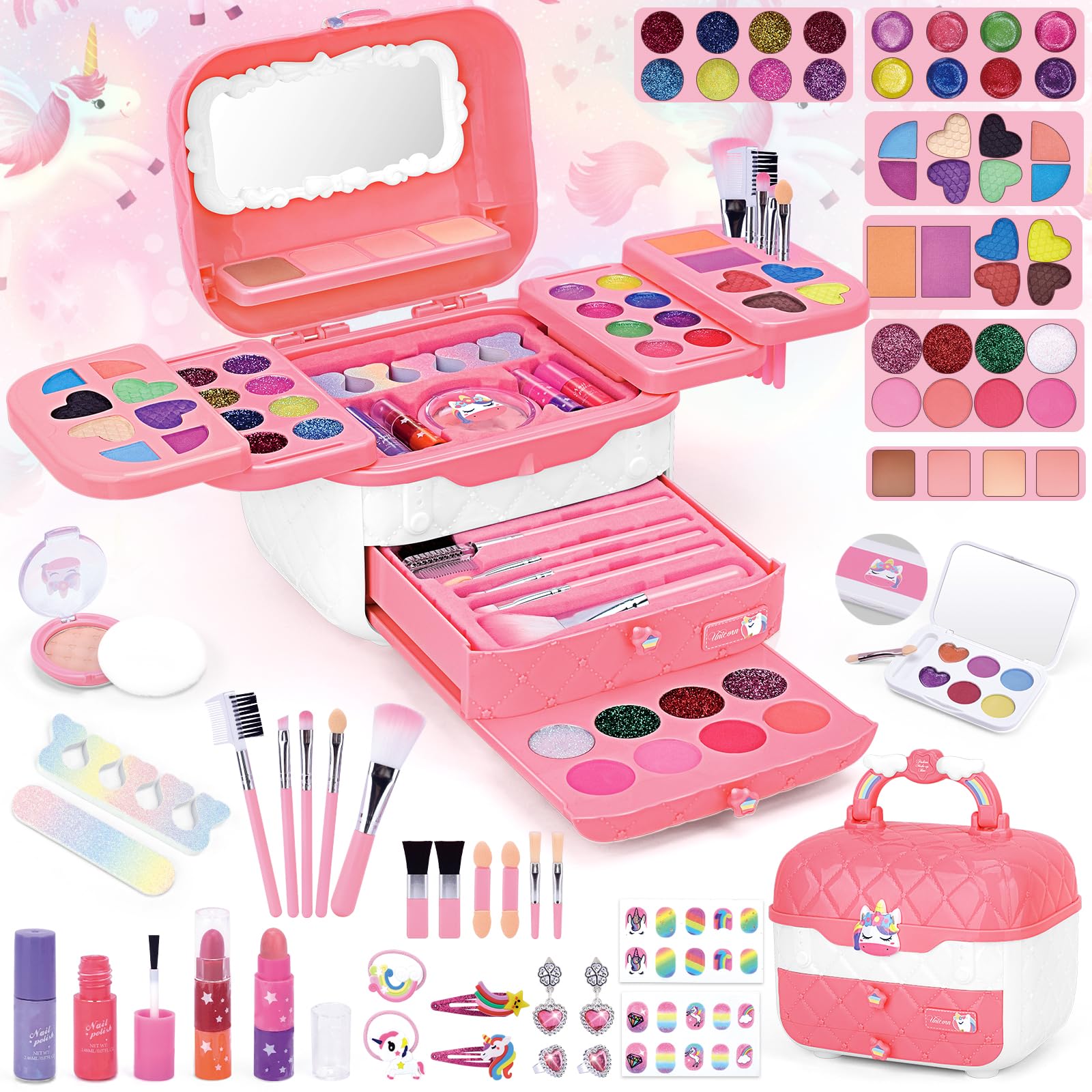 BuzzoXerex Girls' Make-Up Case, Children's Make-Up Set, Girls, 73 Pieces, Washable Make-Up Toy Set with Make-up Mirror, Nail Stickers and Lipstick for Girls 3-10 Years (Pink)