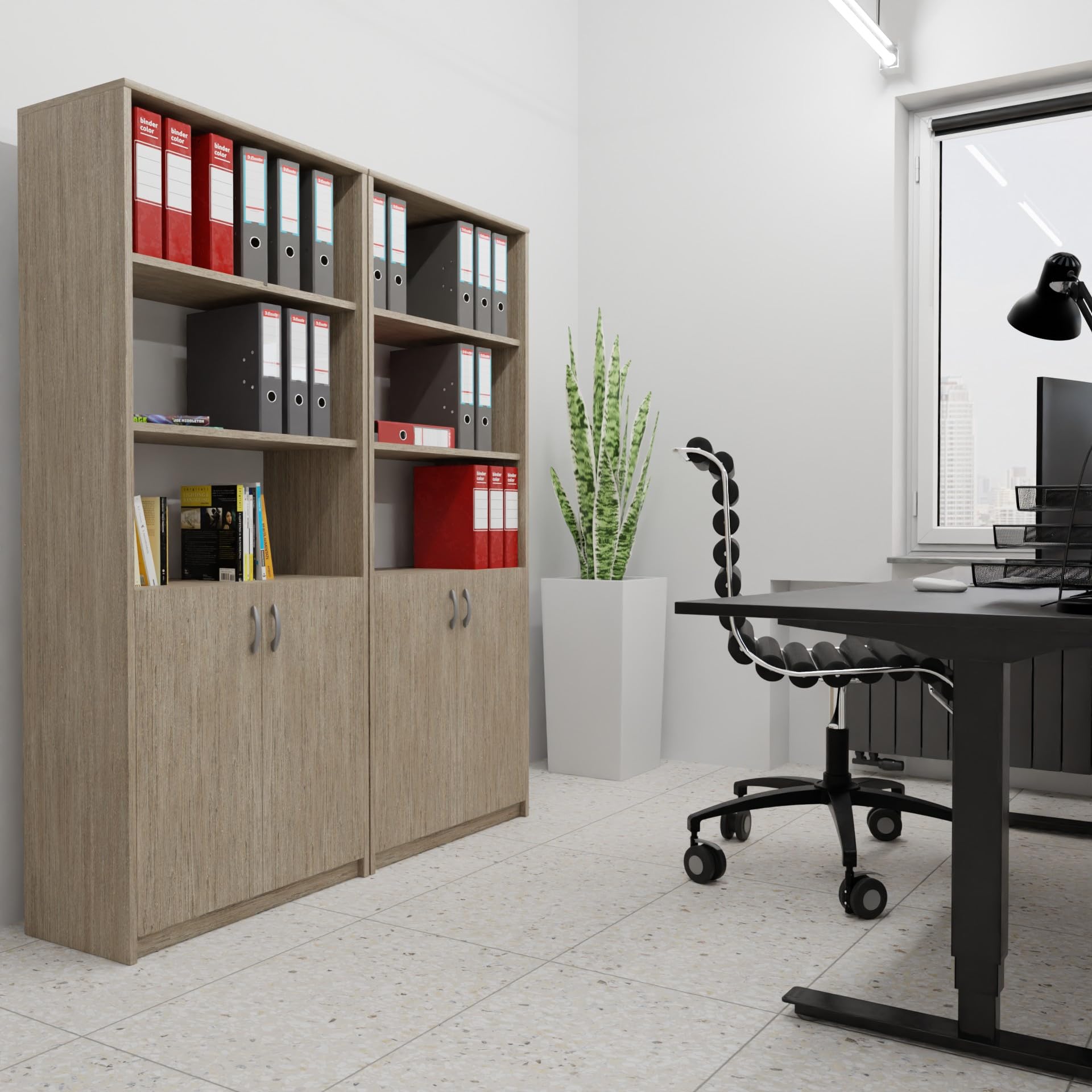 MATKAM Bücherregal R7, B/H/T 74x180x35cm, 4-Fach Regal mit Türen, ideal für Büro, Diele Wohnzimmer, Jugend- oder Kinderzimmer (Sonoma Eiche)