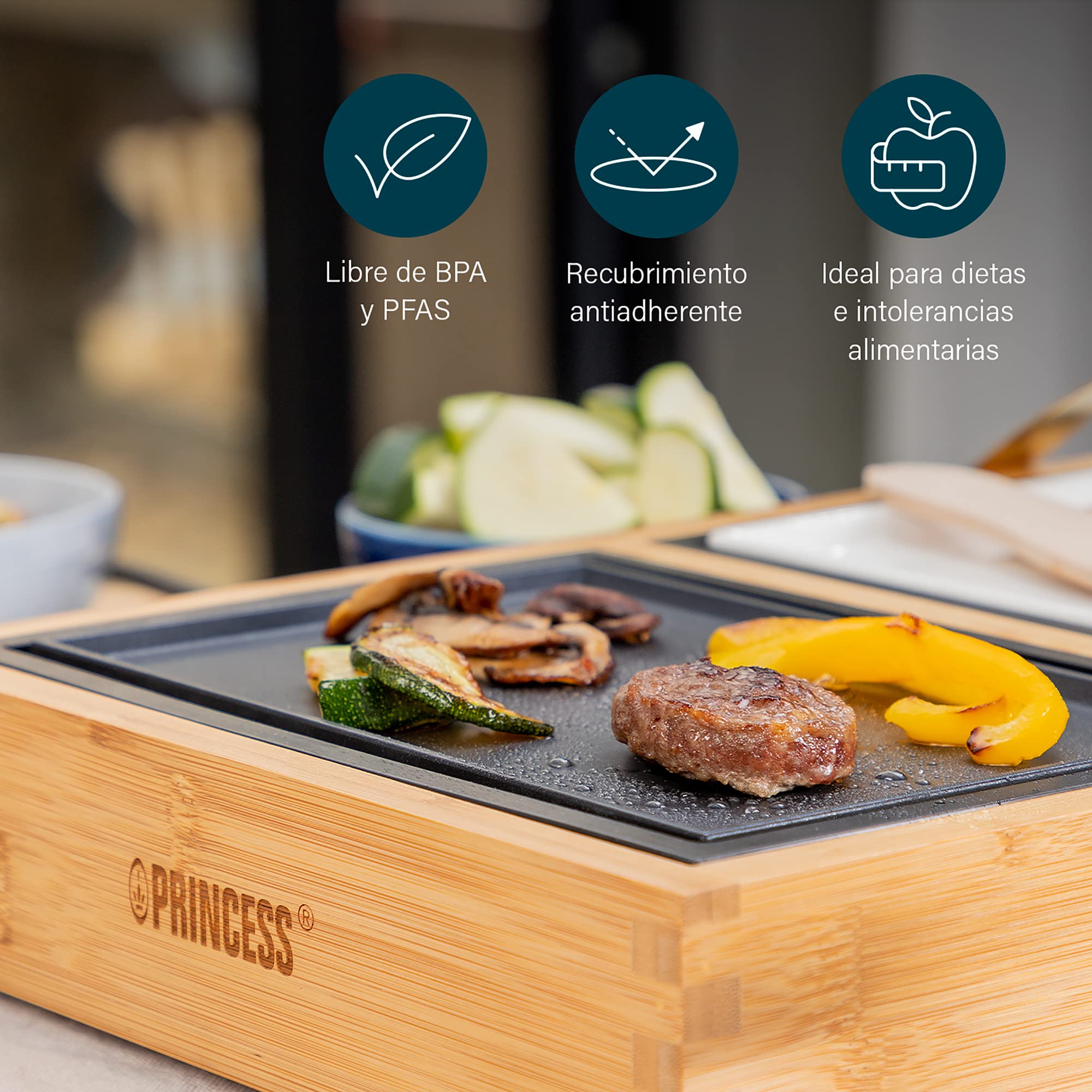 Princess 104020 Dinner4two Pure, Adecuada para 2 Personas, Nueva forma de cocinar a la plancha, 420 W, Bambú