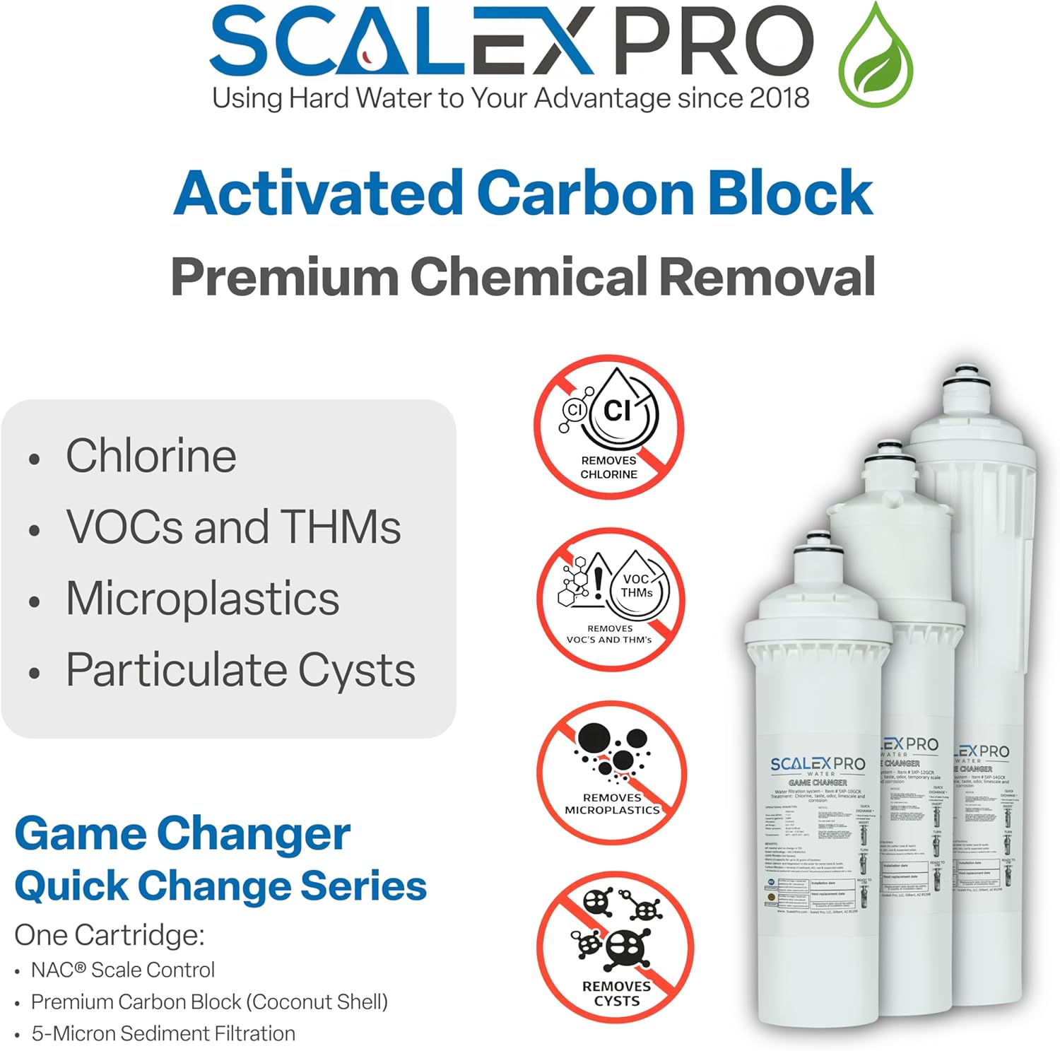 Game Changer 12” Hard Water Scale Prevention Filter – Salt-Free NAC Technology Prevents Scale Up to 26 Grains, Removes Chlorine & Other Common Municipal Water Chemicals, 6,000 Gallons
