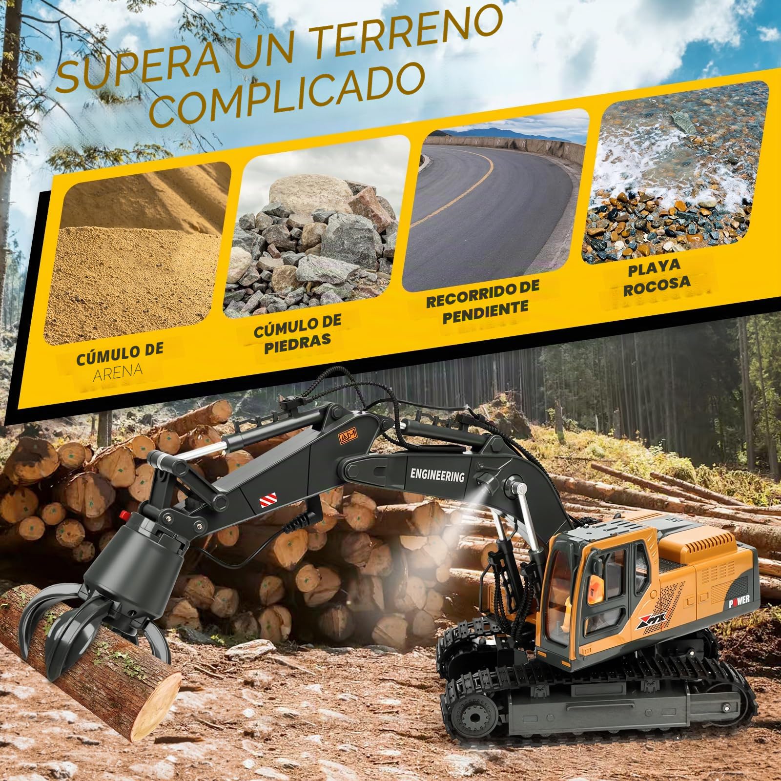 Charmofun 3-en-1 Excavadora Teledirigida, Juguete RC con 3 Cabezas de Metal, Cabina Giratoria 680° con Luces y Música, Regalo para Niños 3-12 Años