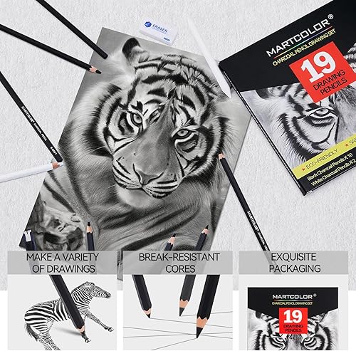 Miniatura 3 de Juego de Dibujo con Carbón MARTCOLOR, 19 Piezas, Lápices de Carbón Blanco y Negro para Dibujar, Bocetos, Sombreado, Mezcla, Lápices de Artista