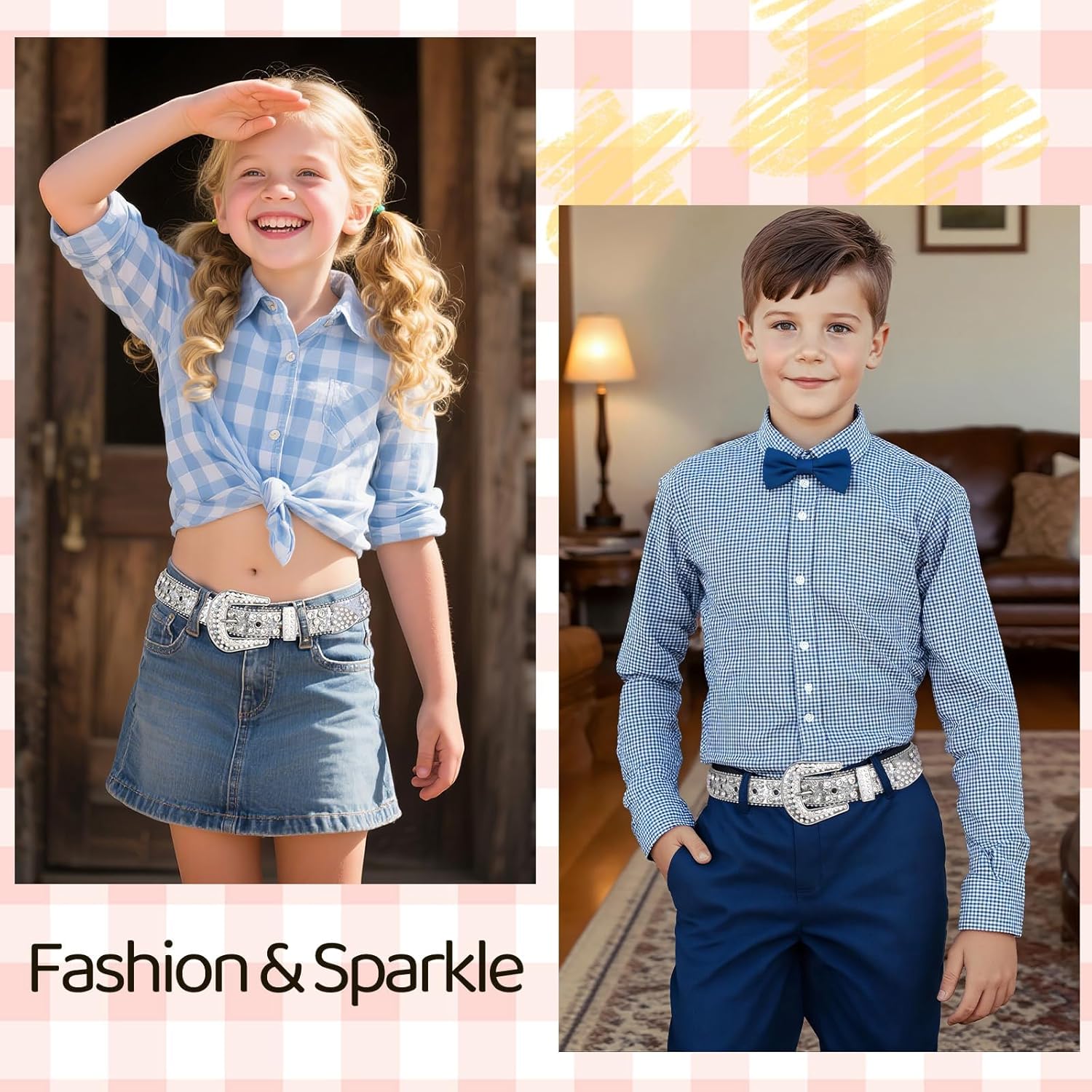 Rhinestone Belt for Girls Boys Kids Western Cowboy Belt Diamond Sequin Bling Leather Girls Cowgirl Belt for Kids Gift