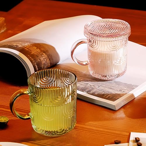 Miniatura 5 de Lysenn Juego de 4 tazas de café de cristal de alta calidad con tapas, diseño único para té, latte, cacao, chocolate, 10 onzas, verde lima