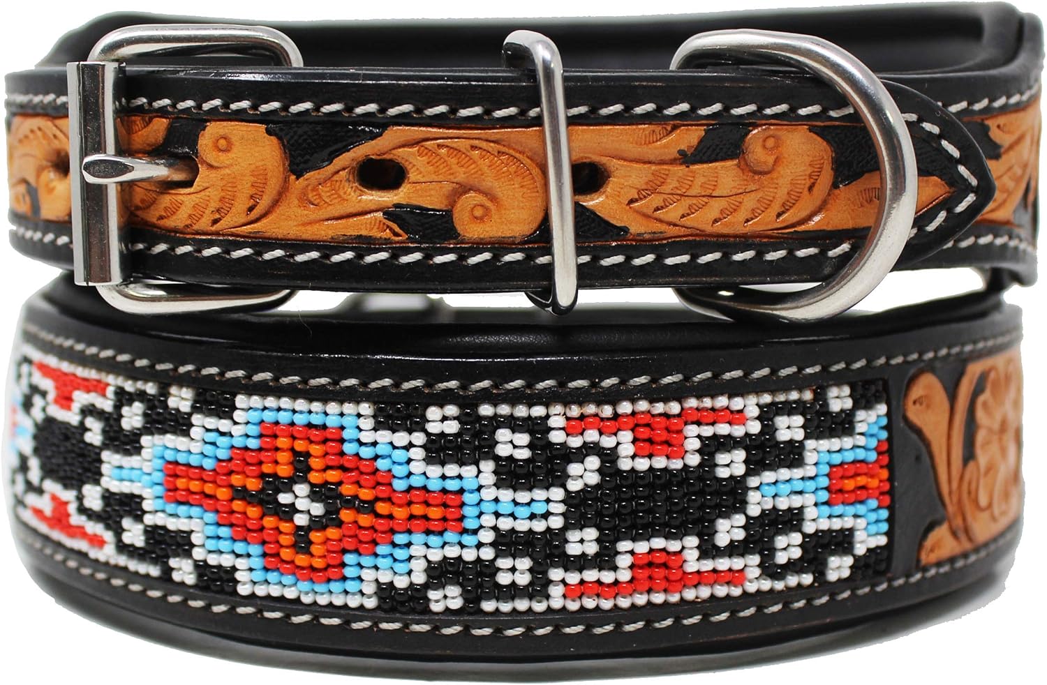 Medium 17''- 21'' Hand Tooled Floral Padded Leather Beaded Dog Collar 60182