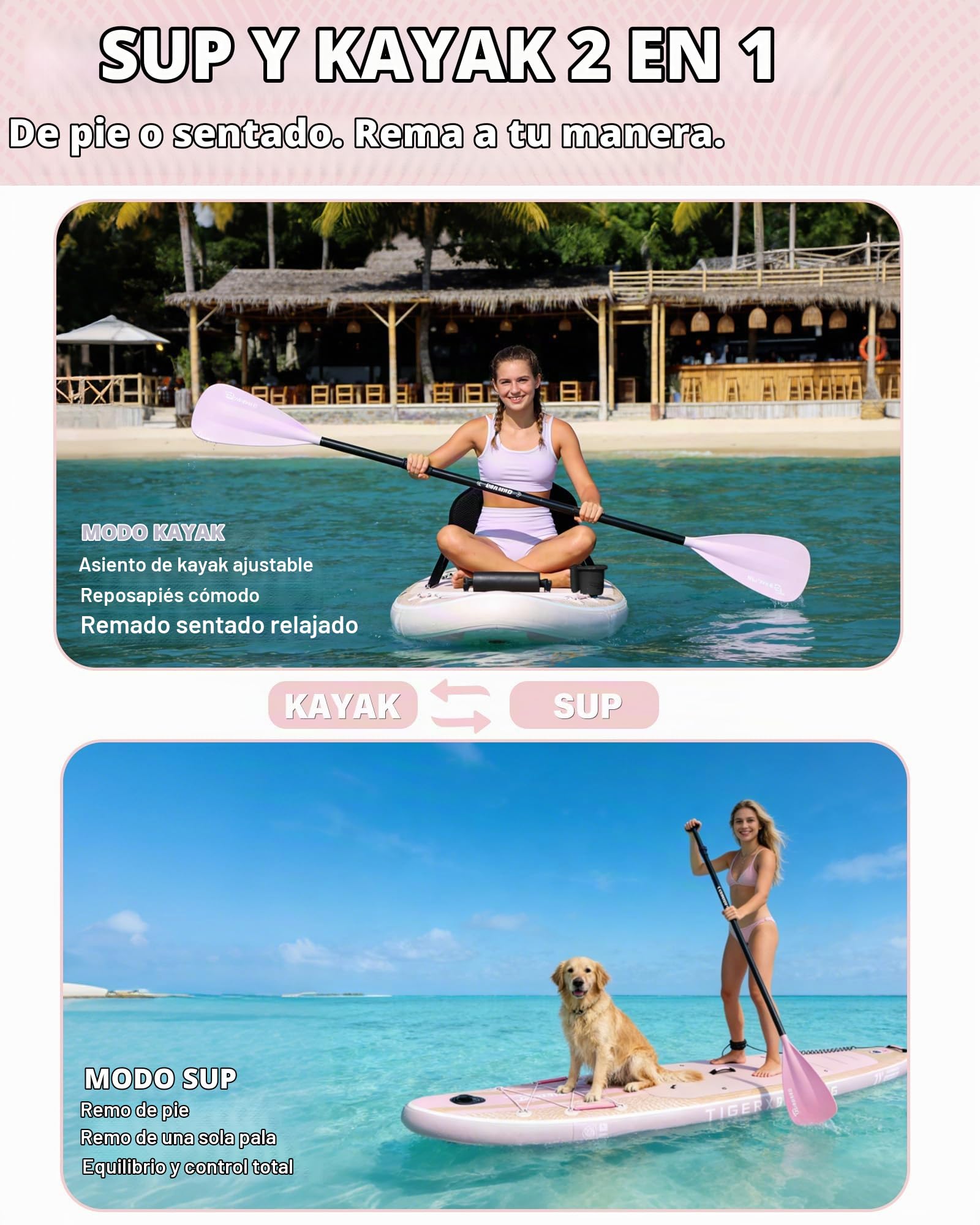 TIGERXBANG Tabla Paddle Surf Hinchable, Stand Up Paddle Board para Adultos/niños, Kit Completo de Surf ISUP, Rosa/Verde