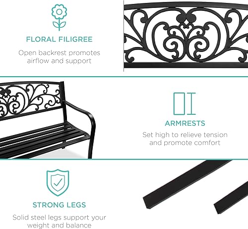 Miniatura 6 de Mejor Elección Productos 50 in patio parque banco de jardín patio marco de acero inoxidable muebles al aire porche silla, L, Negro