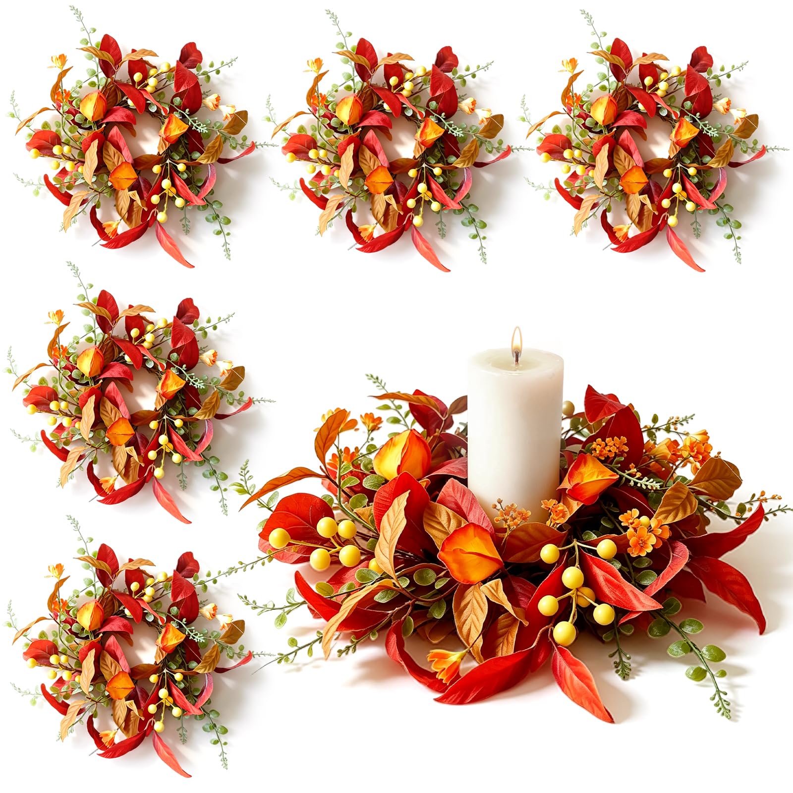 6 PCS Fall Candle Ring Wreaths Artificial Autumn Candle Holder Wreath