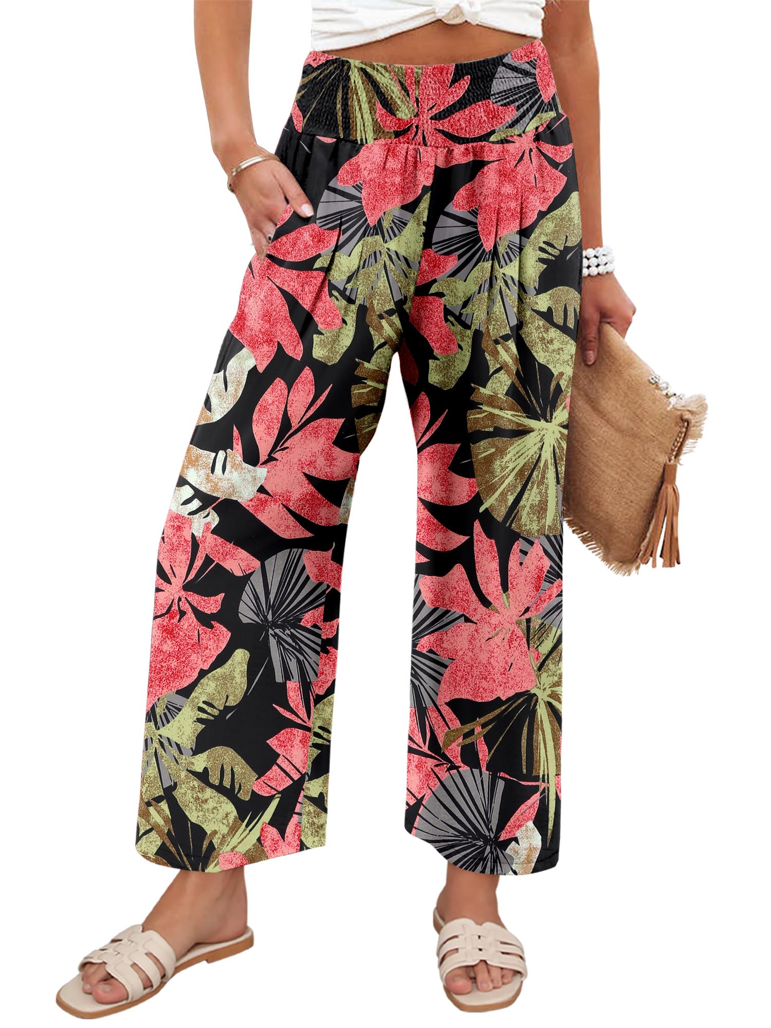 Angerella Womens Wide Leg Pants Casual High Waisted Palazzo Pants Summer Flowy Beach Lounge Trousers with Pockets