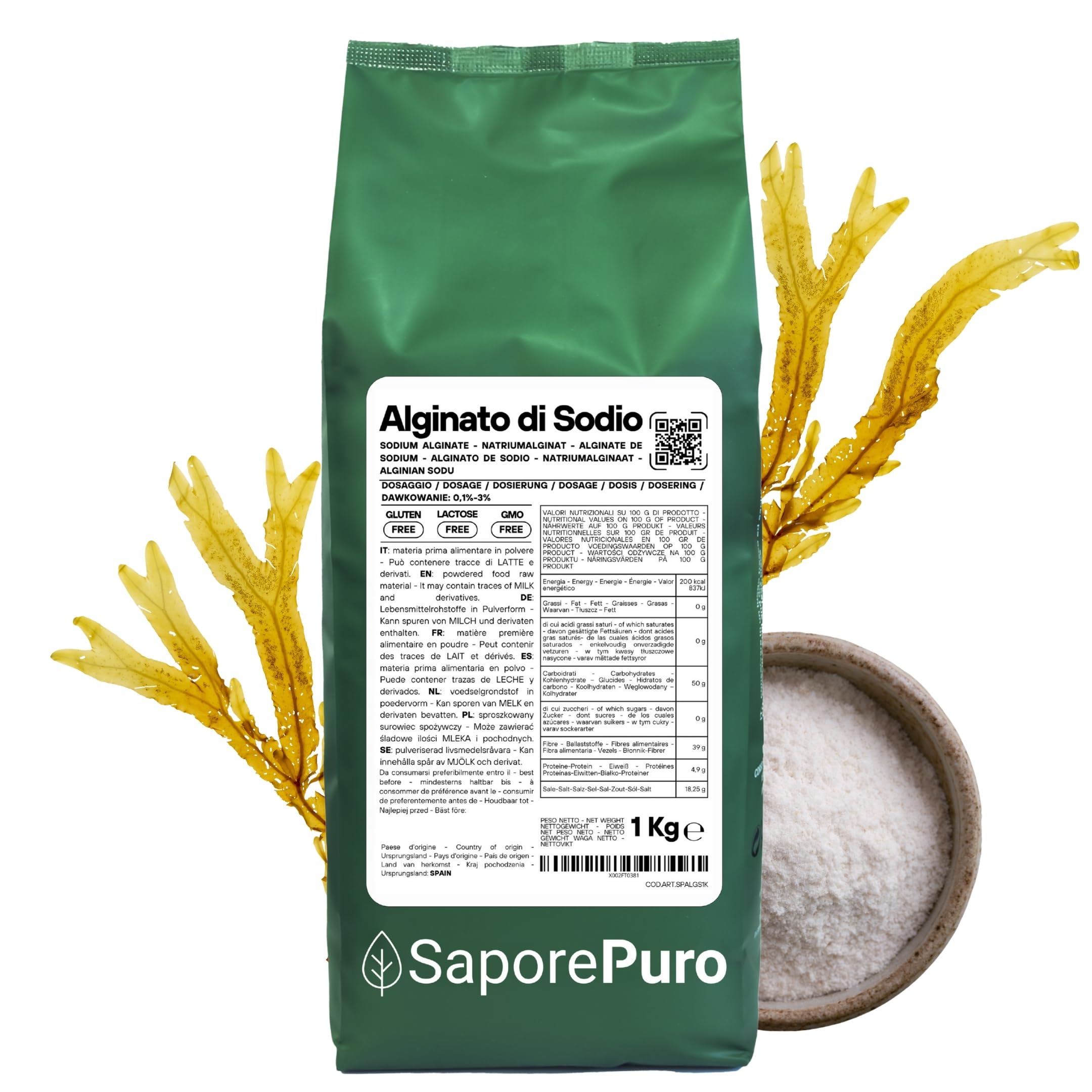 SaporePuro Alginato de Sodio en polvo 1000 g – Espesante, Gelificante y Estabilizante Alimentario – Ideal para Cocina Molecular – Sin Gluten