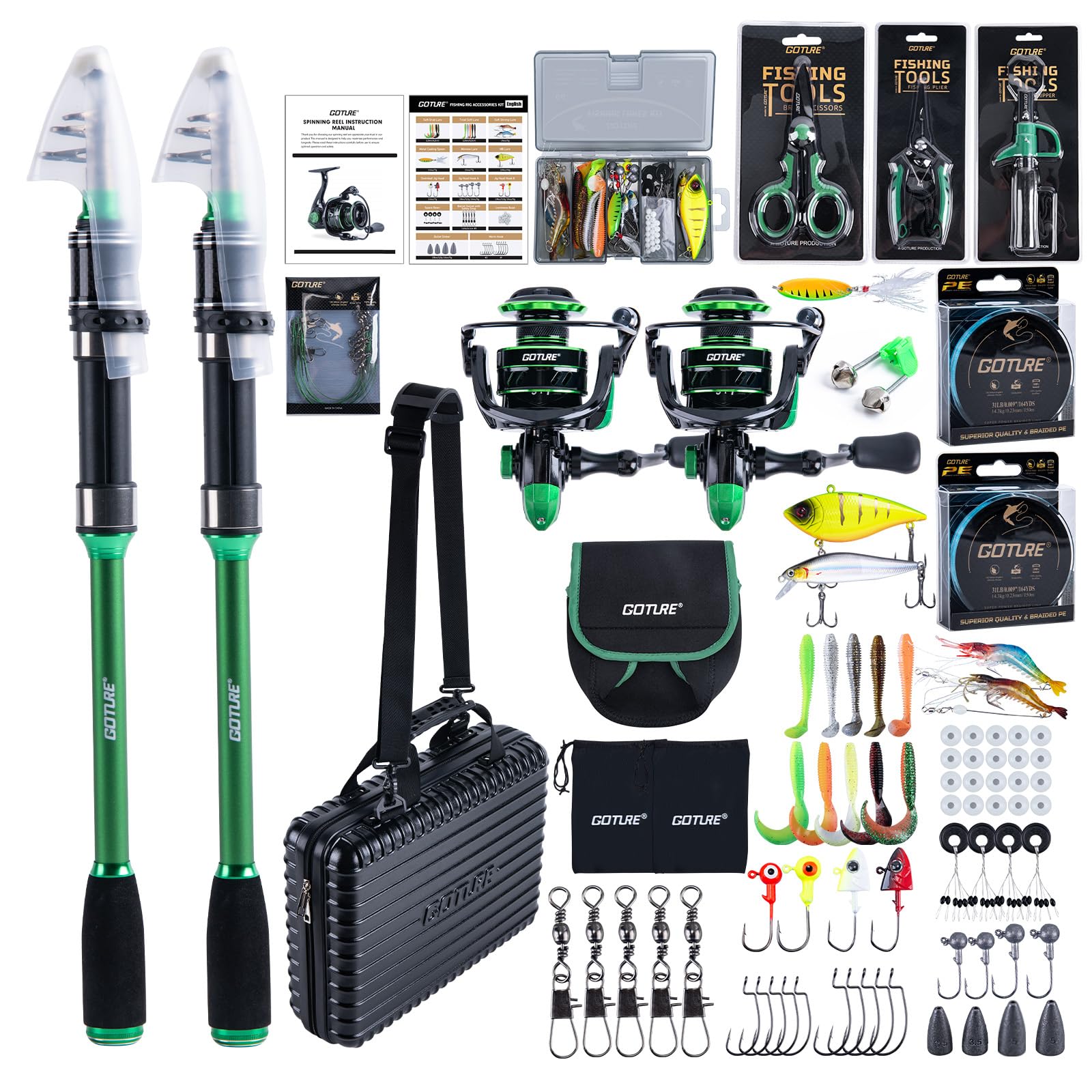 Goture Double Fishing Rod and Reel Combos with Carry Case, Green Telescopic Pole B Spinning Reel Lures Set, Telescopic Fishing Rod Fishing Kit for Travel Saltwater Freshwater 2.7M