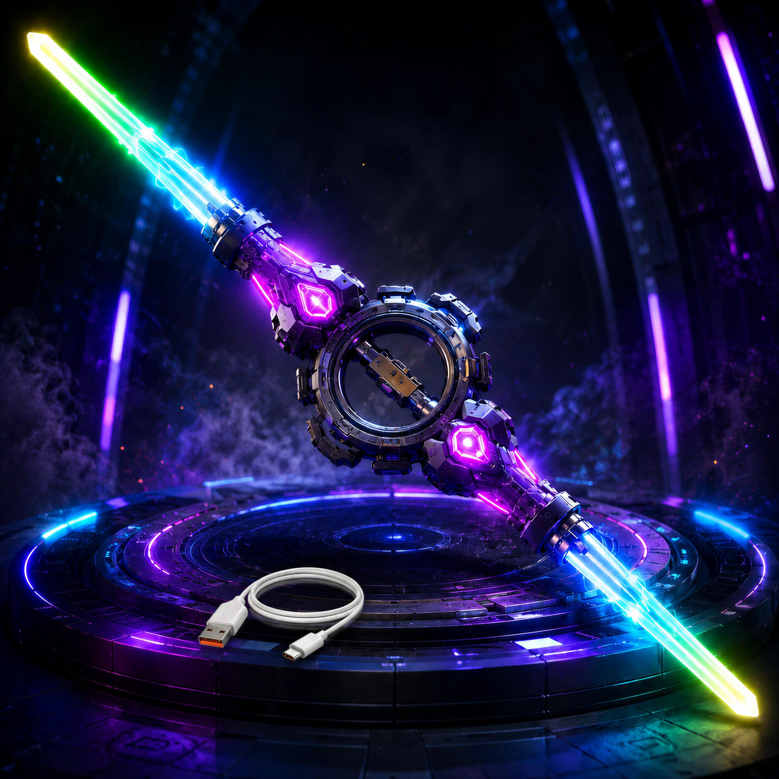VikriDa Retractable Spark Sword, Double-Edged Spinning Sword with FX Sound & Multi-Color LED, Double-Headed Telescopic Expandable Light Swords Toy-image-46