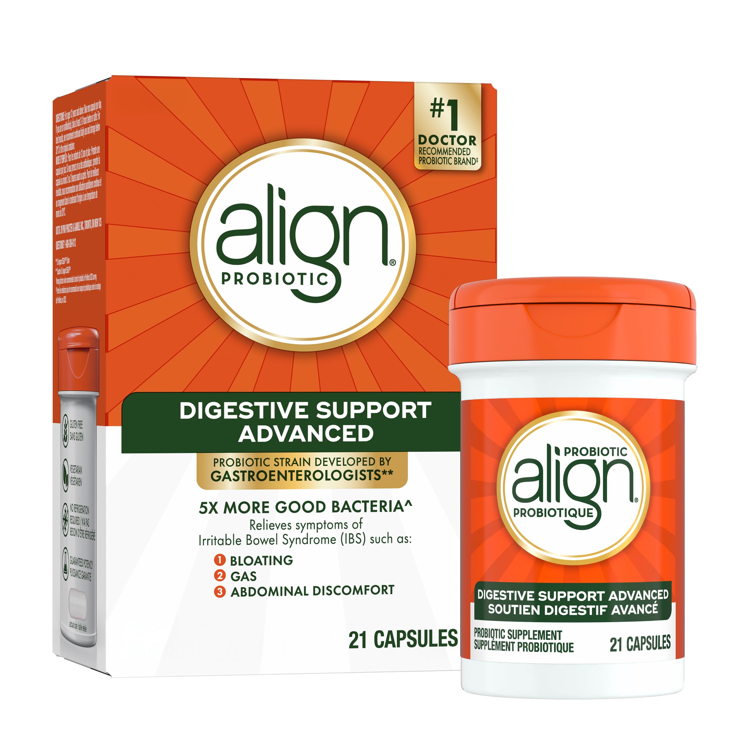 Align Advanced Probiotic Digestive Support, IBS Symptom Relief: Gas, Abdominal Discomfort, Bloating, Helps Healthy Intestinal Flora for Women & Men, 21 Capsules