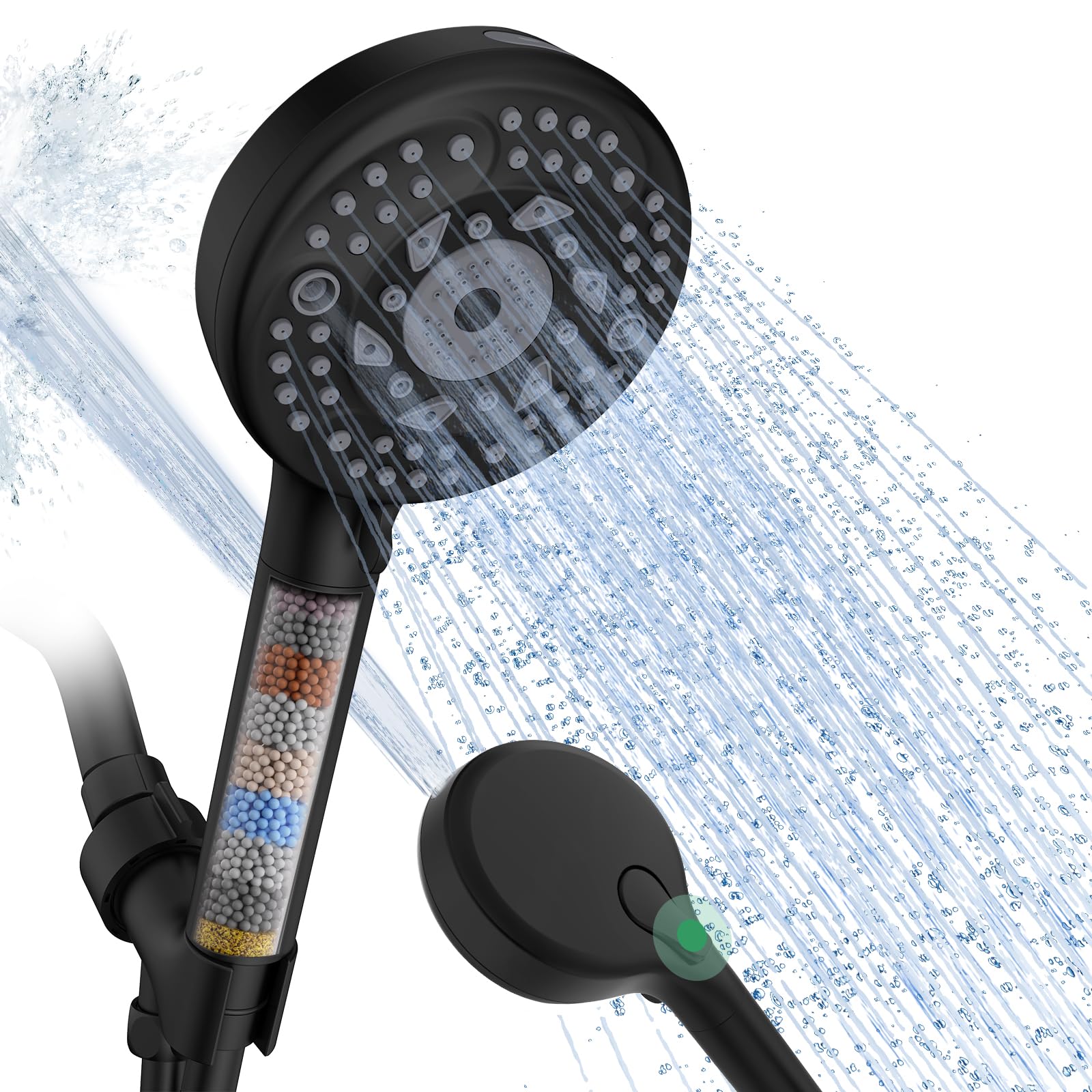 Filtered Shower Head and Hose, 9-Spray Setting High Pressure Shower Head with Filters for Hard Water - Filtered Chlorine (Black,1 Filters)
