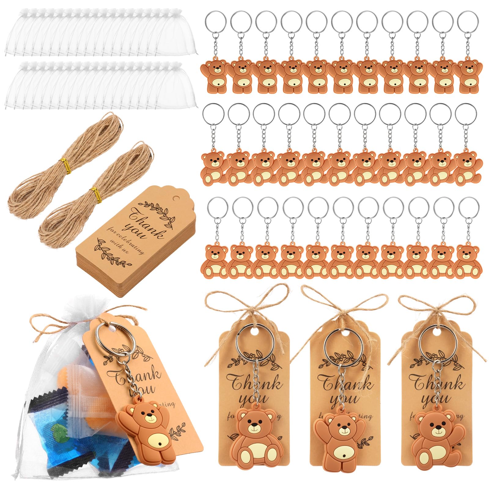 Shaojian Brown 36 Set Thank You Keychain Gifts, Bear Baby Shower Favor Gifts For Guests Cute Bear Keychain Set With Organza Bag, Thank You Tags And Rope For Party Souvenirs Prizes Supplies