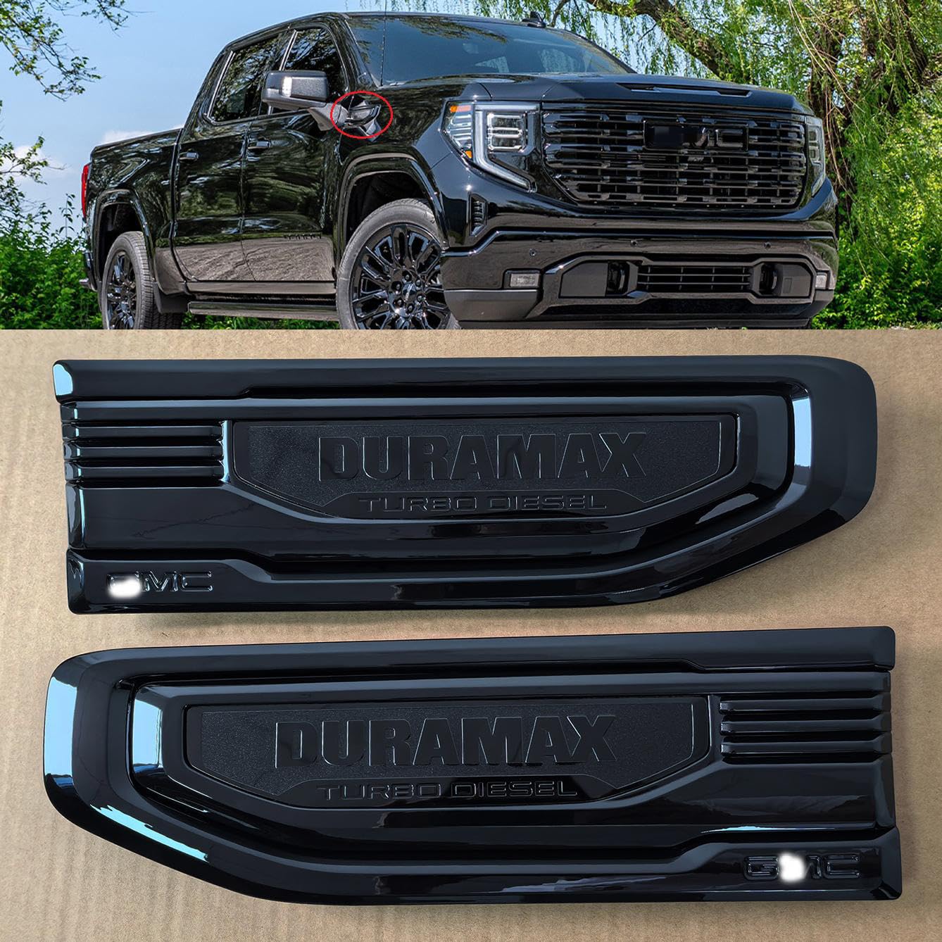 2pack OEM 2019-2026 Duramax Truck Turbo Vent Emblem Right Left 3D Nameplate Badge Replacement for Sierra 1500 86532091 (Gloss Black)