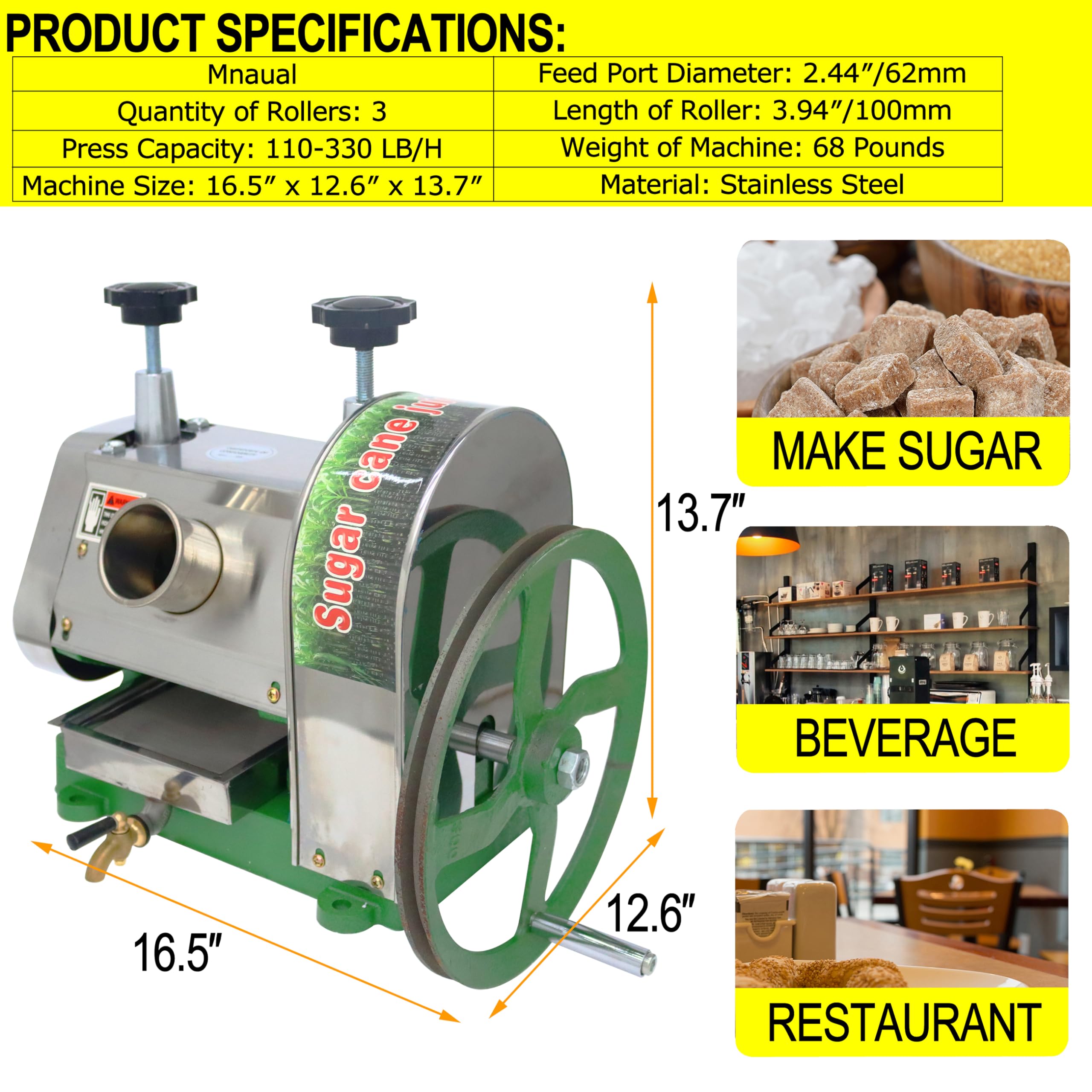 TECHTONGDA Manual Sugarcane Juice Machine, Commercial Sugar Cane Press, 3 Rollers Sugar Cane Juicer, Sugarcane Extractor, Sugar Cane Juice Squeezer with Handwheel and Two Knives for Homes and Shops