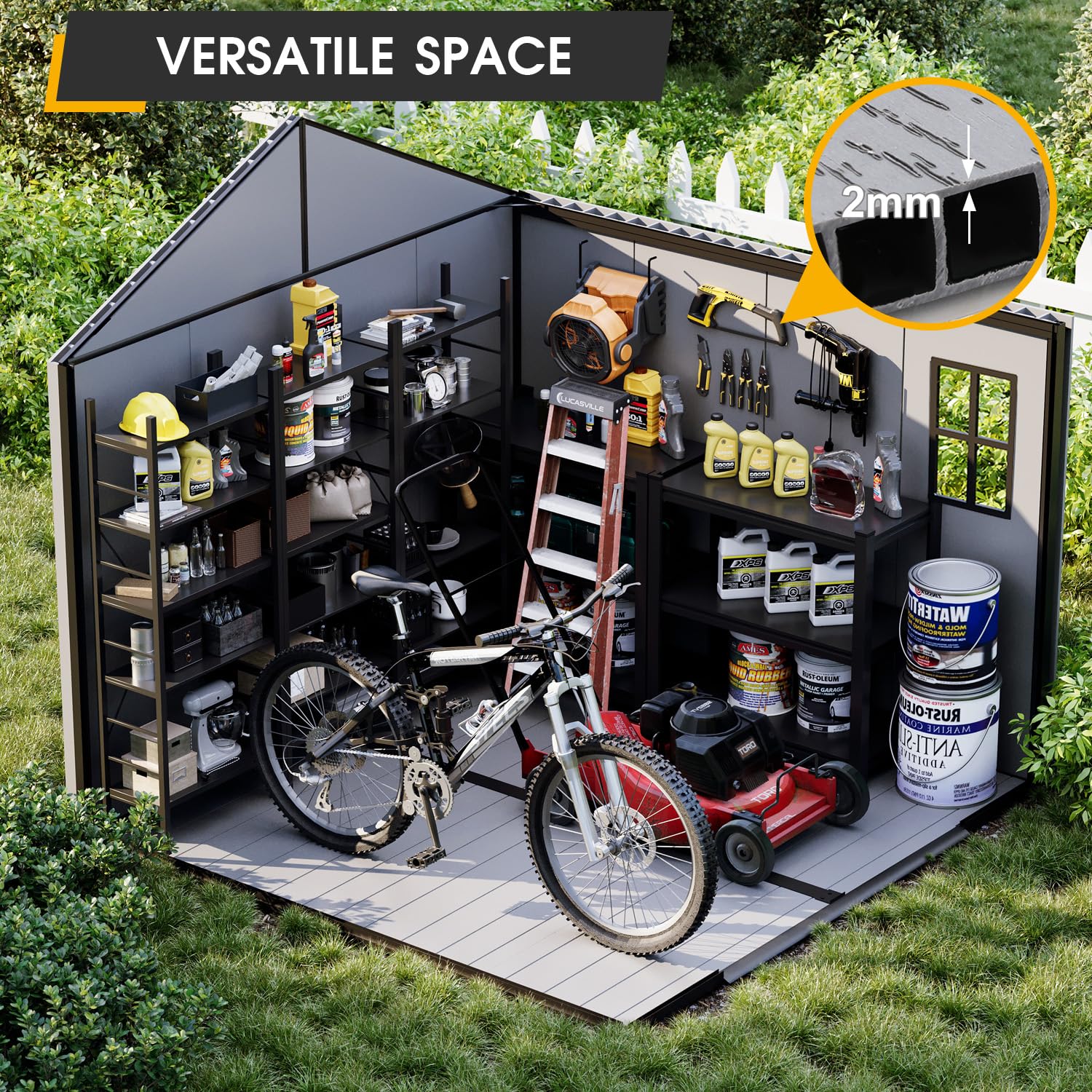 MELLCOM 8 x 8 FT Resin Outdoor Storage Shed with Floor, Outdoor Storage Tool Shed with Windows and Lockable Door, Resin Garden Shed for Lawnmower, Bike, Pool Supply - 4