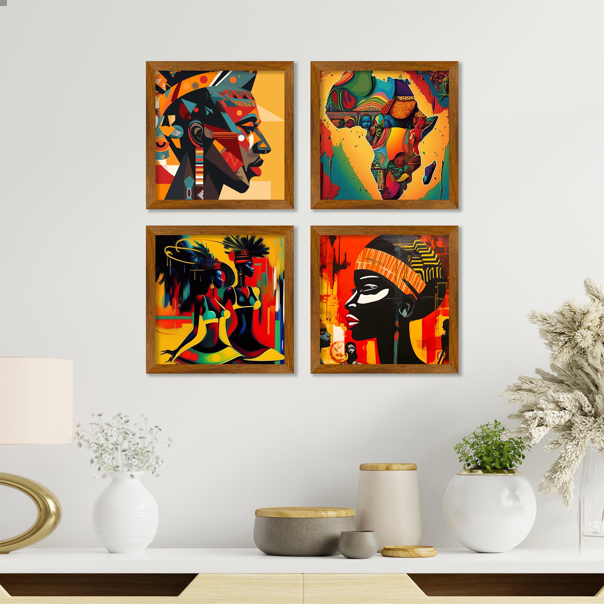 Artvibes Traditional African Women Premium Art Wooden Wall Frames Without Glass Decorative item for Living room Office Decor Modern Artwork Painting Wall Mount Hanging Decoration (PF_7312N) Set of 4