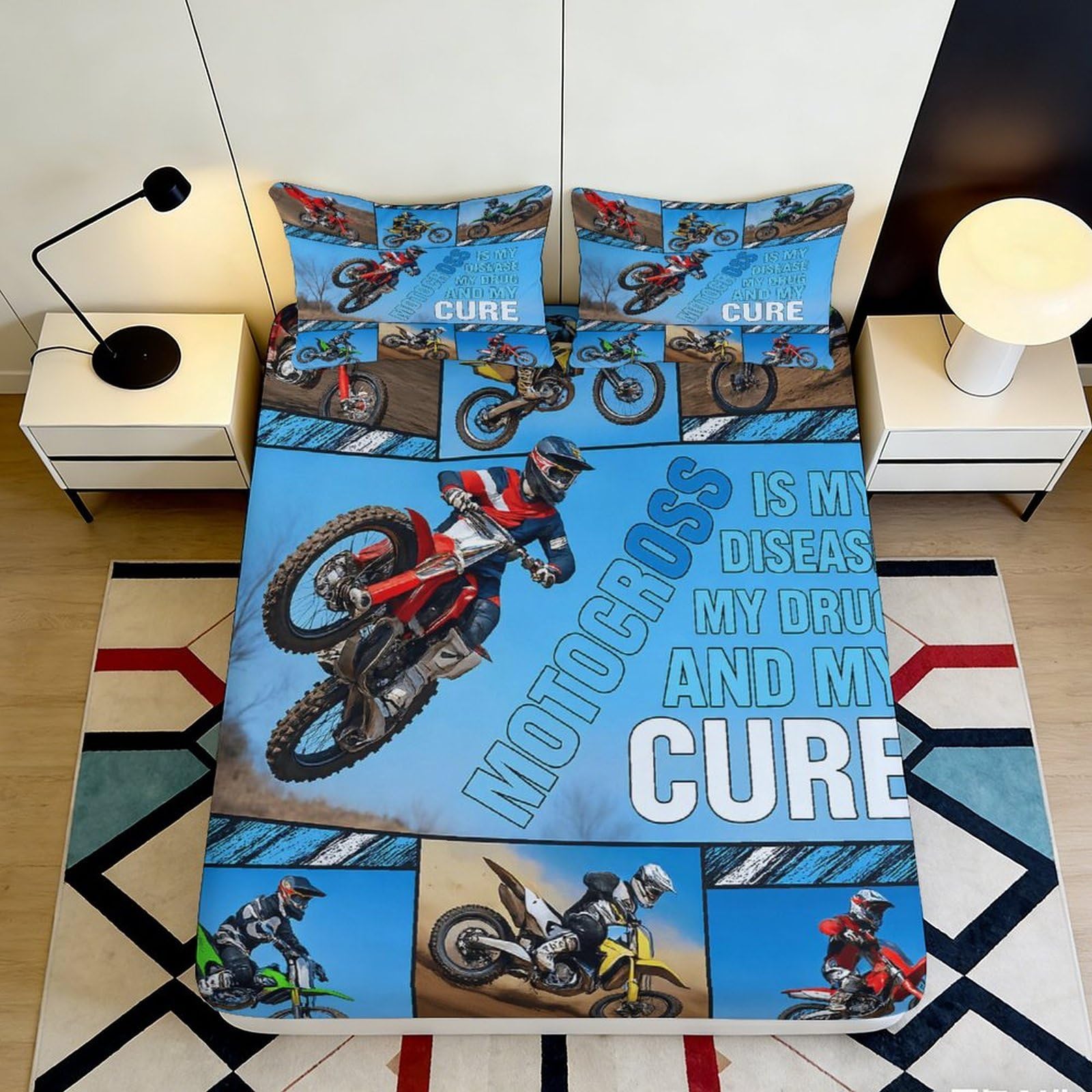 3D Printed Motocross Fitted Sheet Microfiber Soft Durable Dirt Bike Bed Cover for Bedroom Dormitory Guest Room Mattress Protection 140x200x25cm