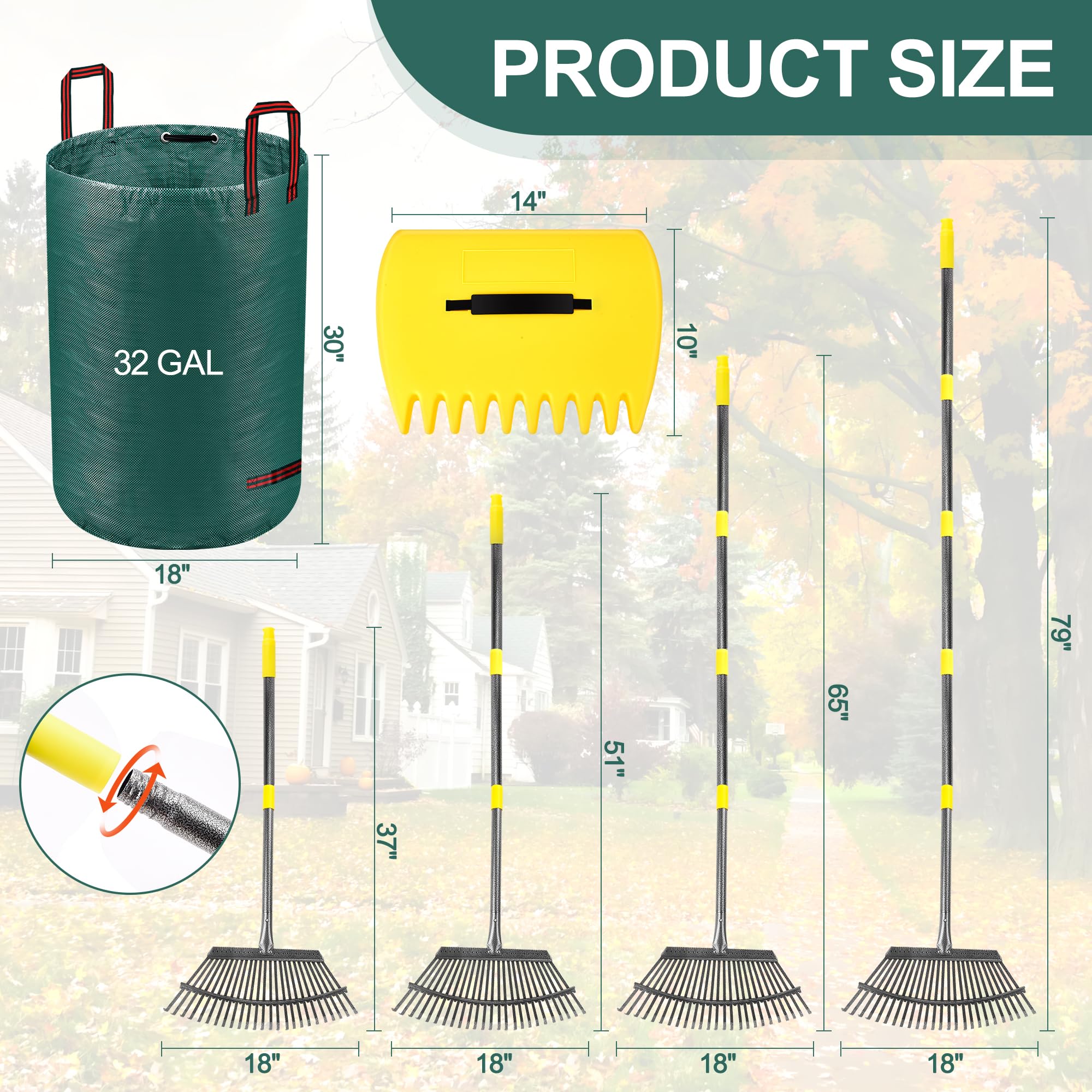 Verstellbarer Laubbesen für den Garten, 45,7 cm breit, 25 Zinken, 94 - 200,7 cm Griff, Metall-Laubbesen mit 2 Laubsäcken und Schaufeln, robustes Rechen-Set für Rasen, Gras, Sträucher, Blumenbeete
