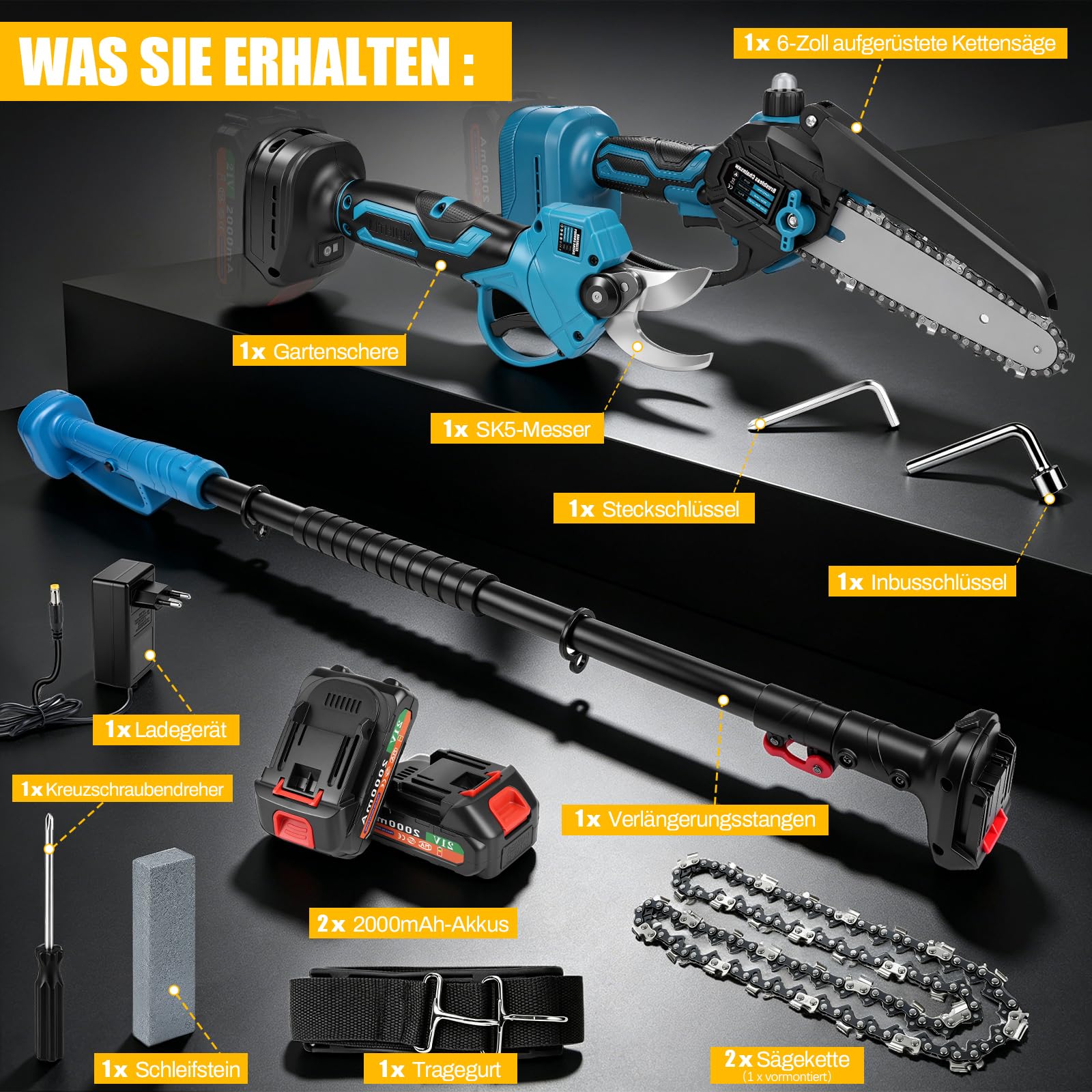 4-in-1 Akku Hochentaster kompatibel mit Makita 18V Akku | Bürstenloser 6 Zoll Mini Kettensäge & 25 mm Elektrische Astschere mit Teleskopstange & 2 x 2.0Ah Akkus, Arbeitsreichweite 4m