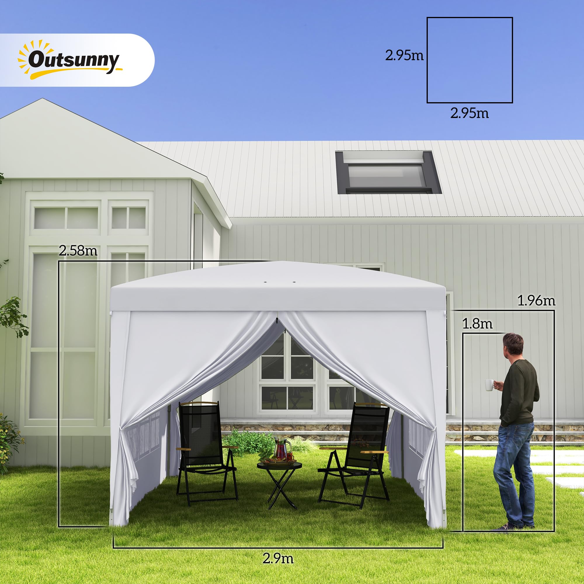 Outsunny Gazebo Pieghevole 3x3 Pop Up con 2 Porte e 2 Finestre, 4 Pannelli Laterali e Borsa da Trasporto, Gazebo da Esterno in Acciaio e Tessuto Oxford, per Giardino, Feste, Campeggio, Bianco