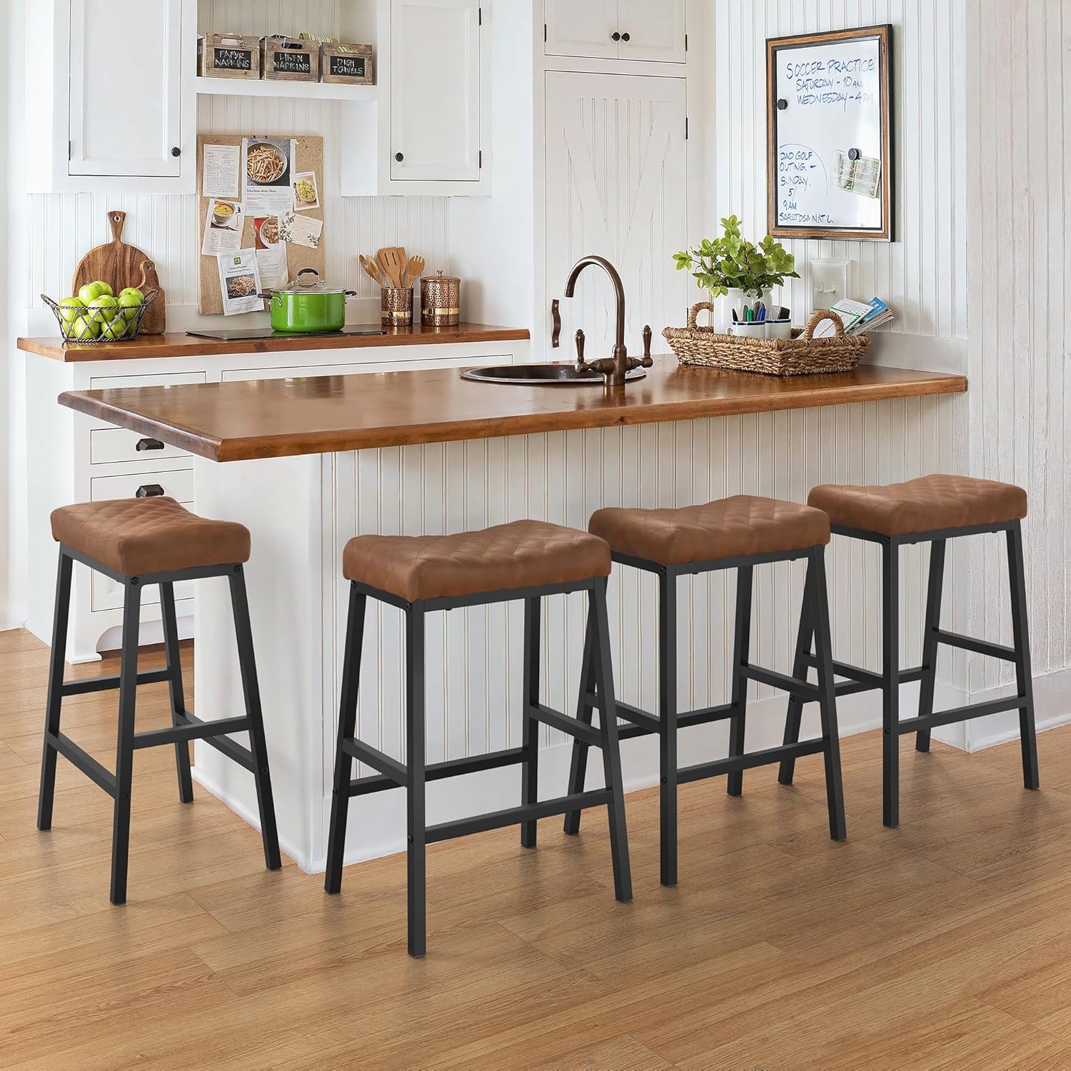 Counter Height Bar Stools Set of 4, Barstools with Thick PU Leather Saddle Seat & Sand Metal Legs, 24 Inches Kitchen Counter Stools, Apricot Gray