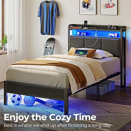 Miniatura 37 de Rolanstar Base de cama tamaño individual con estación de carga y luces LED, cabecera de piel sintética con estantes de almacenamiento, listones de